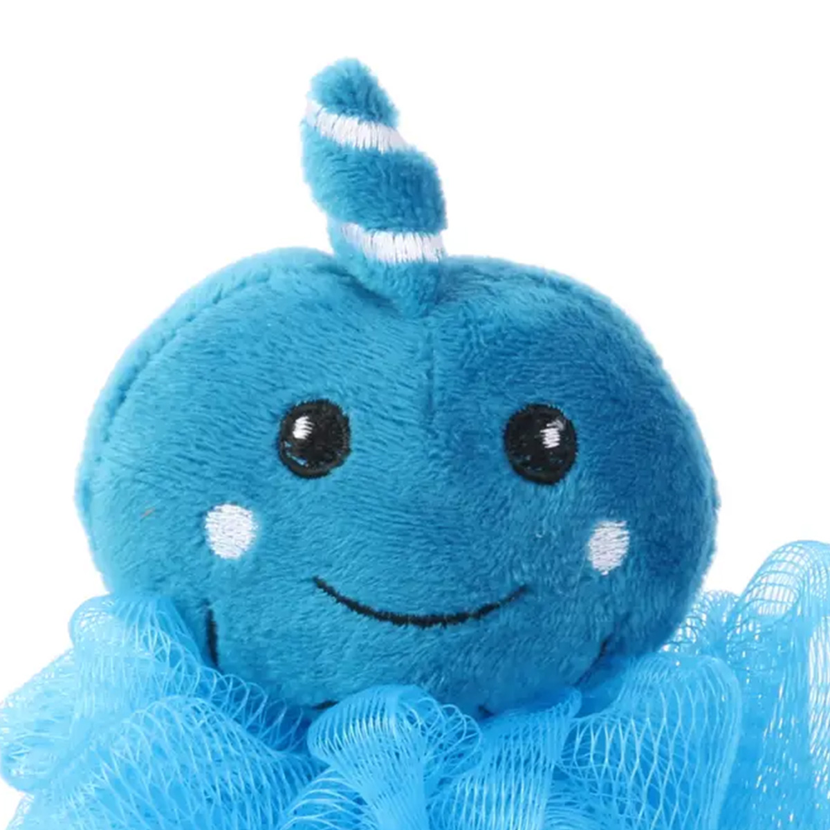Una spugna da bagno blu di peluche con una faccia sorridente e un corno a strisce.