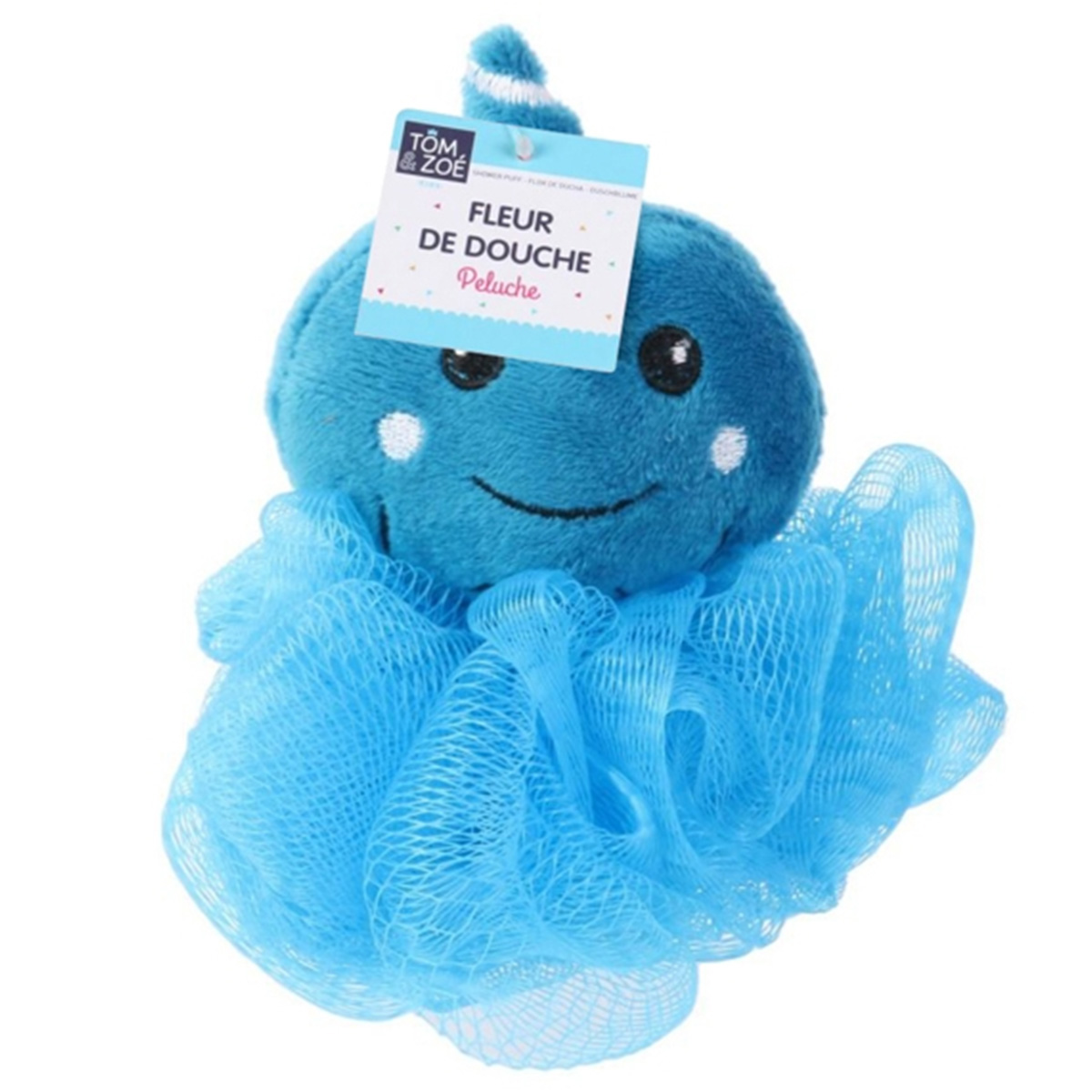 Un soffione doccia di peluche blu a forma di polpo con faccia stampata.