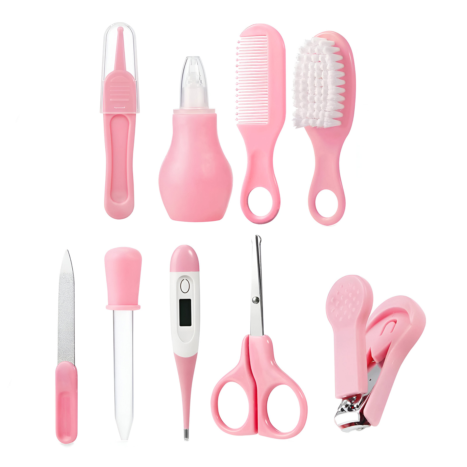 Set rosa per la cura del bambino: pettine, spazzola, aspiratore nasale, termometro, forbici, tagliaunghie.