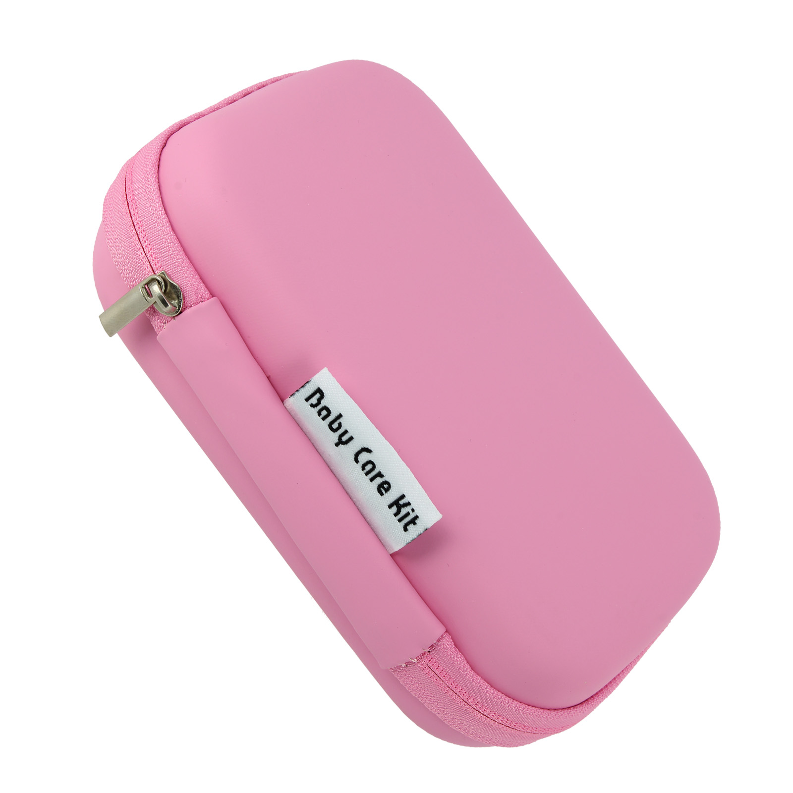 Una custodia rosa con cerniera etichettata "Baby Care Kit".