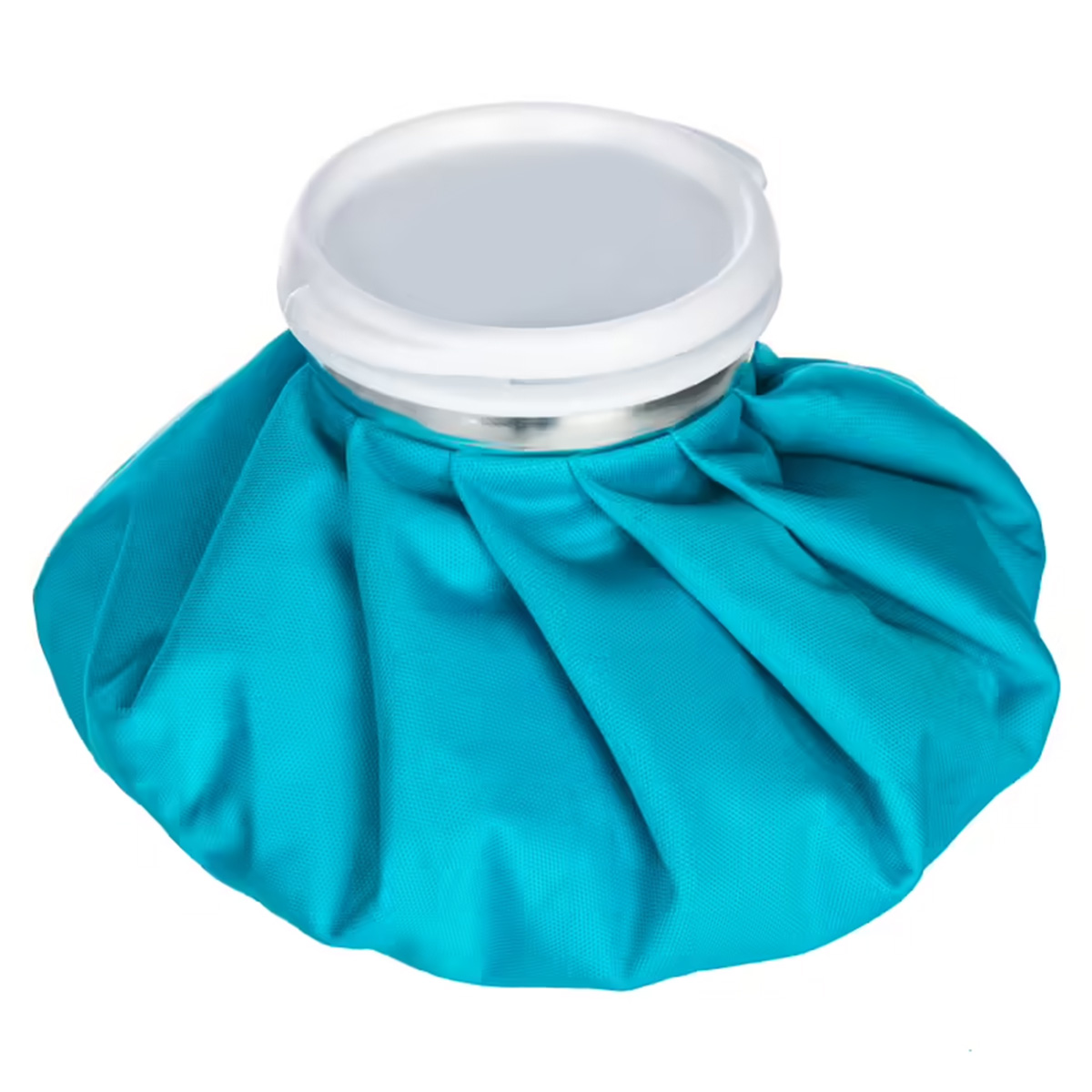 Una borsa del ghiaccio blu con coperchio bianco su sfondo bianco.