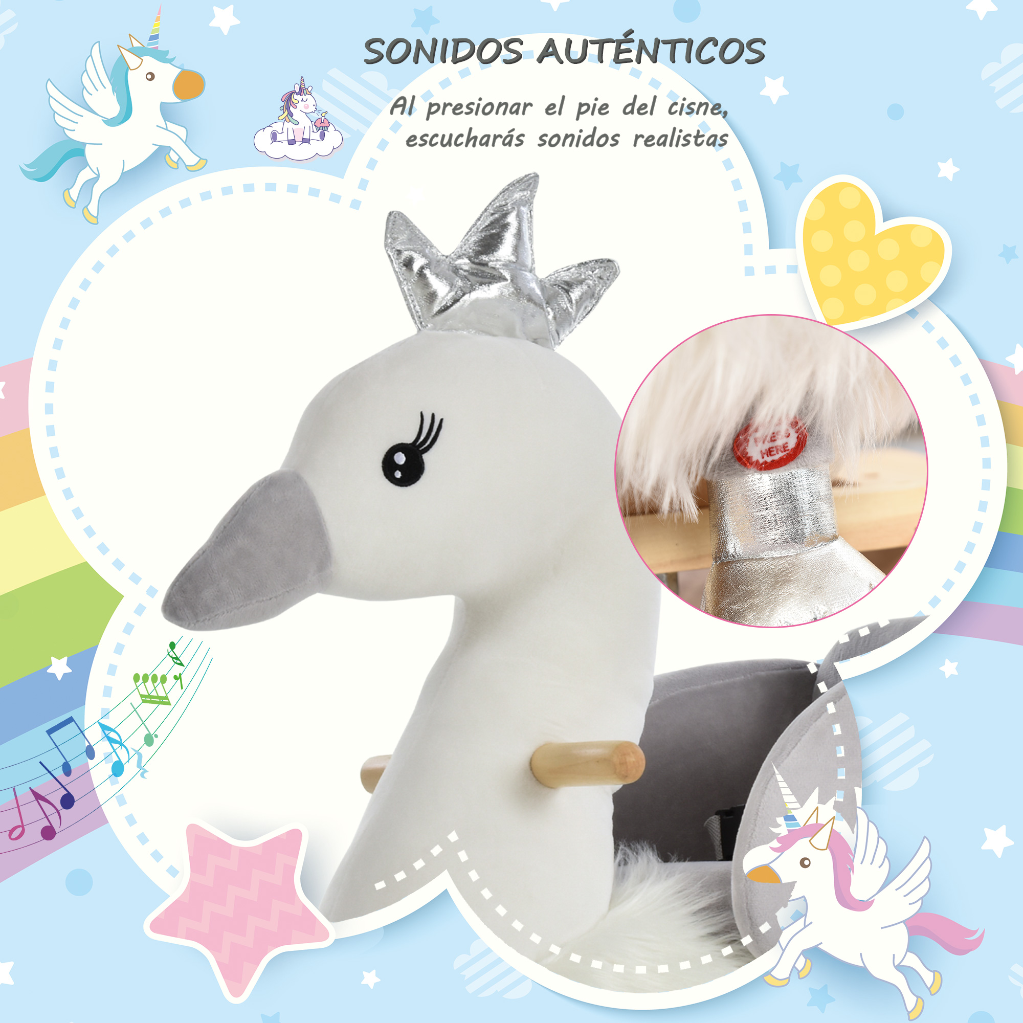 Un balancín de cisne blanco con corona, rodeado de unicornios y notas musicales.