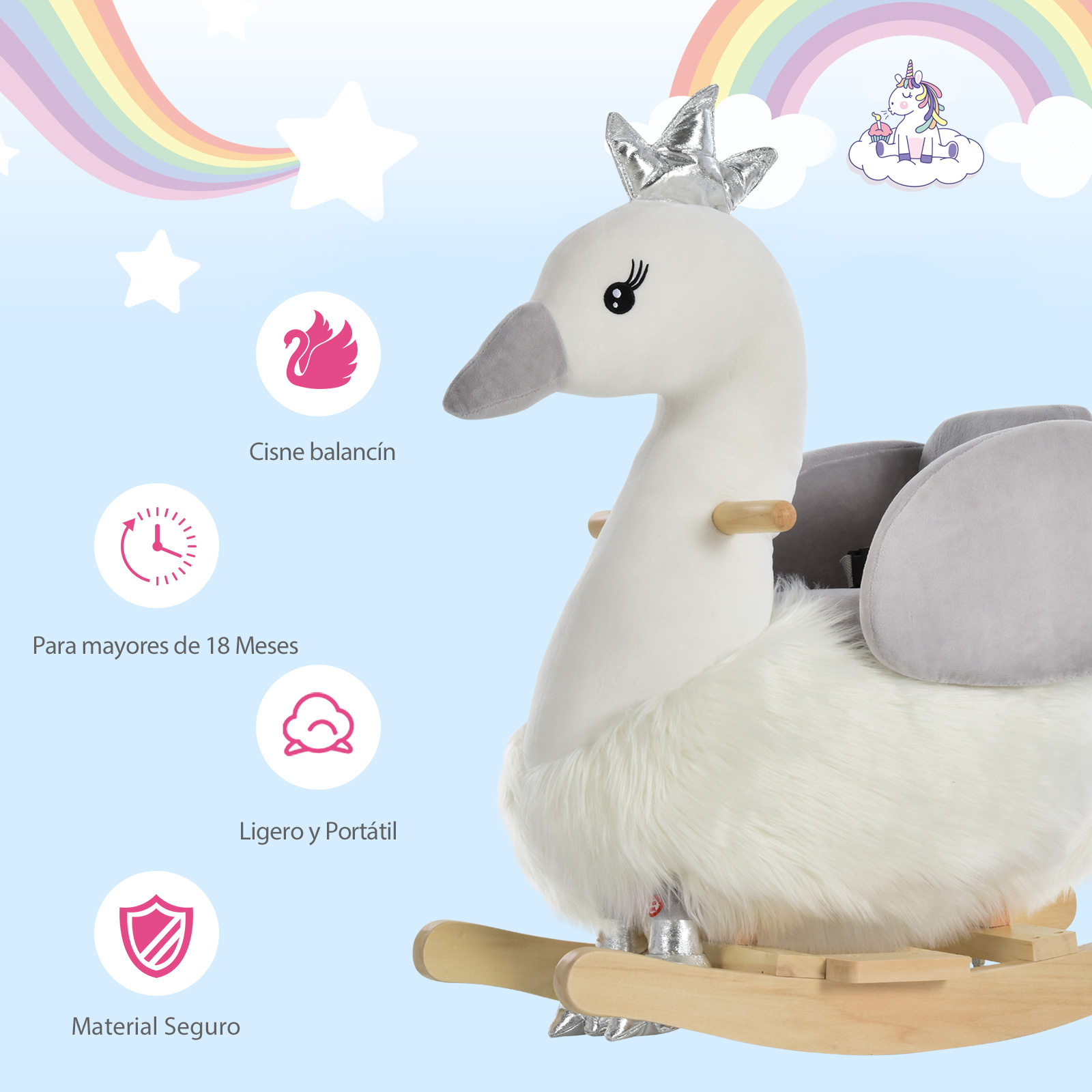 Un balancín blanco de cisne con corona, arcoíris y estrellas.