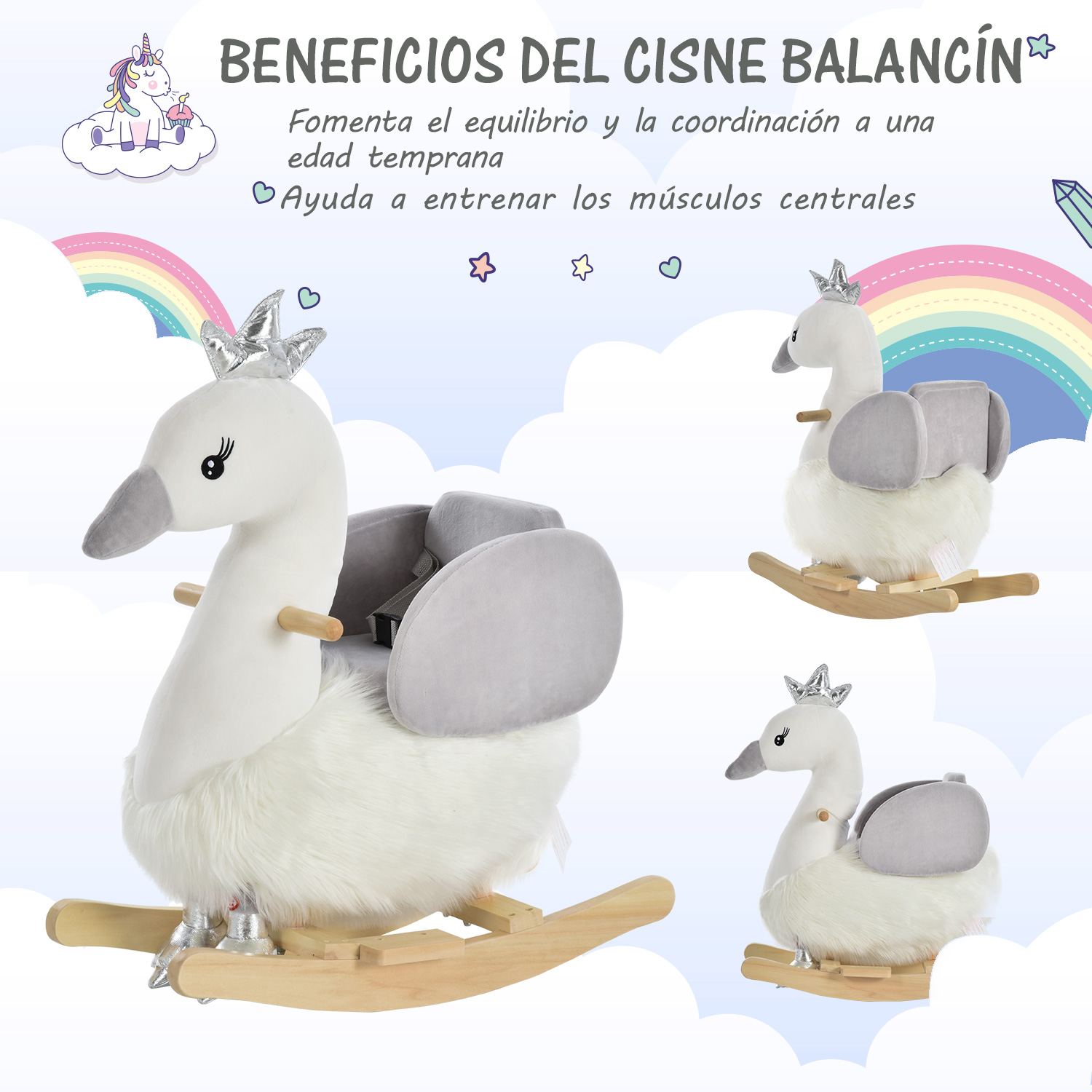 Un balancín blanco con forma de cisne, corona y alas grises.