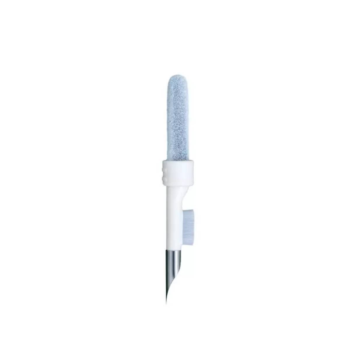 Un manico bianco con spazzola blu e punta metallica.