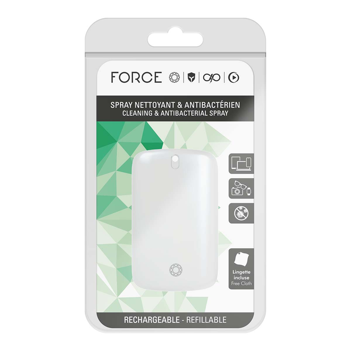 Confezione di uno spray pulitore bianco etichettato FORCE. Include panno pulitore.
