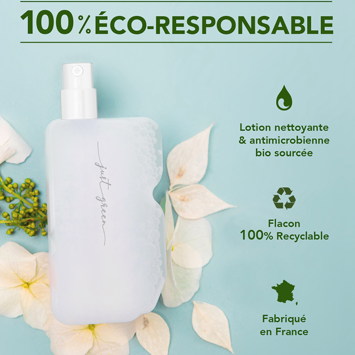 Flacone spray bianco con foglie verdi e testo sulla eco-responsabilità.