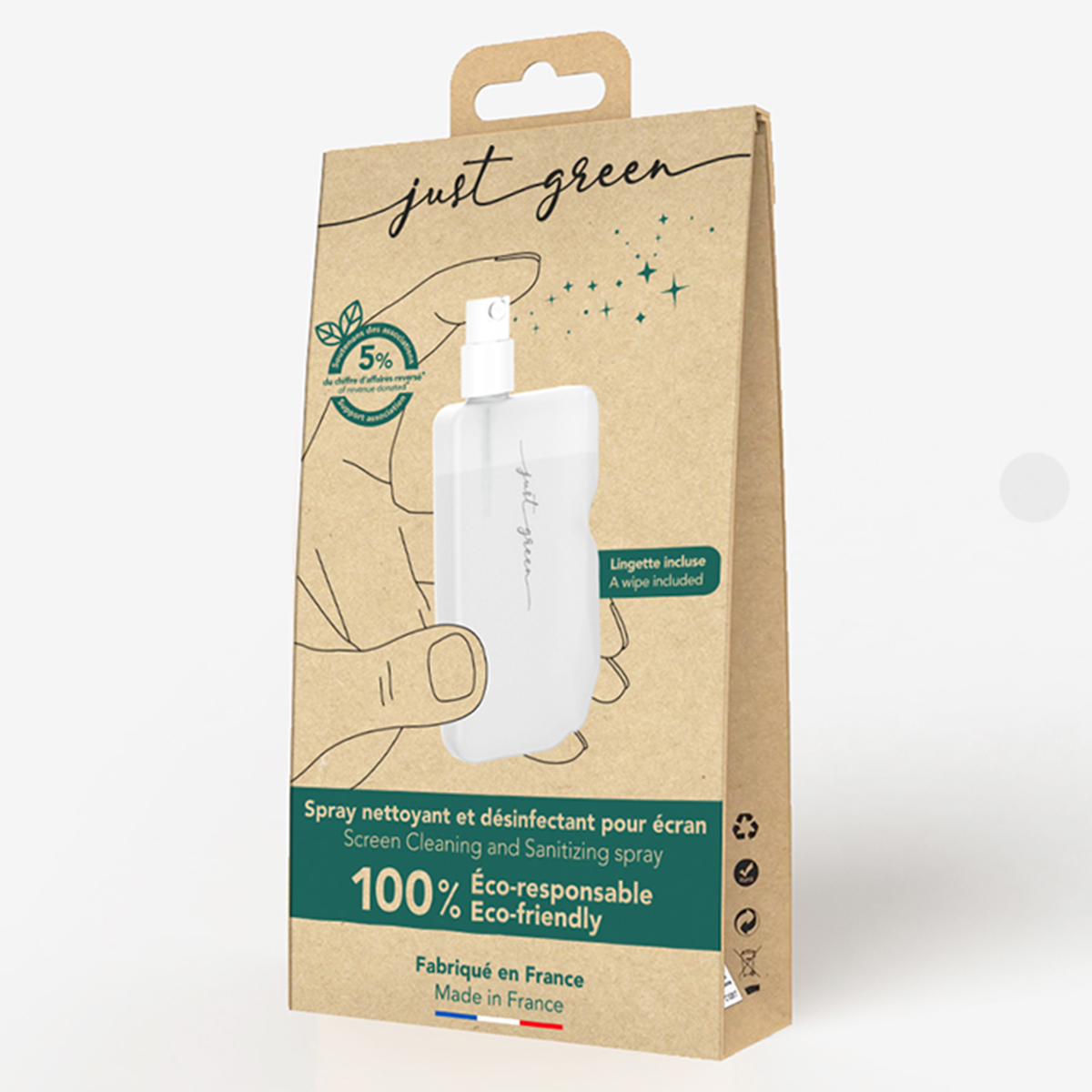 Confezione per spray per schermo con flacone spray bianco e panno incluso.