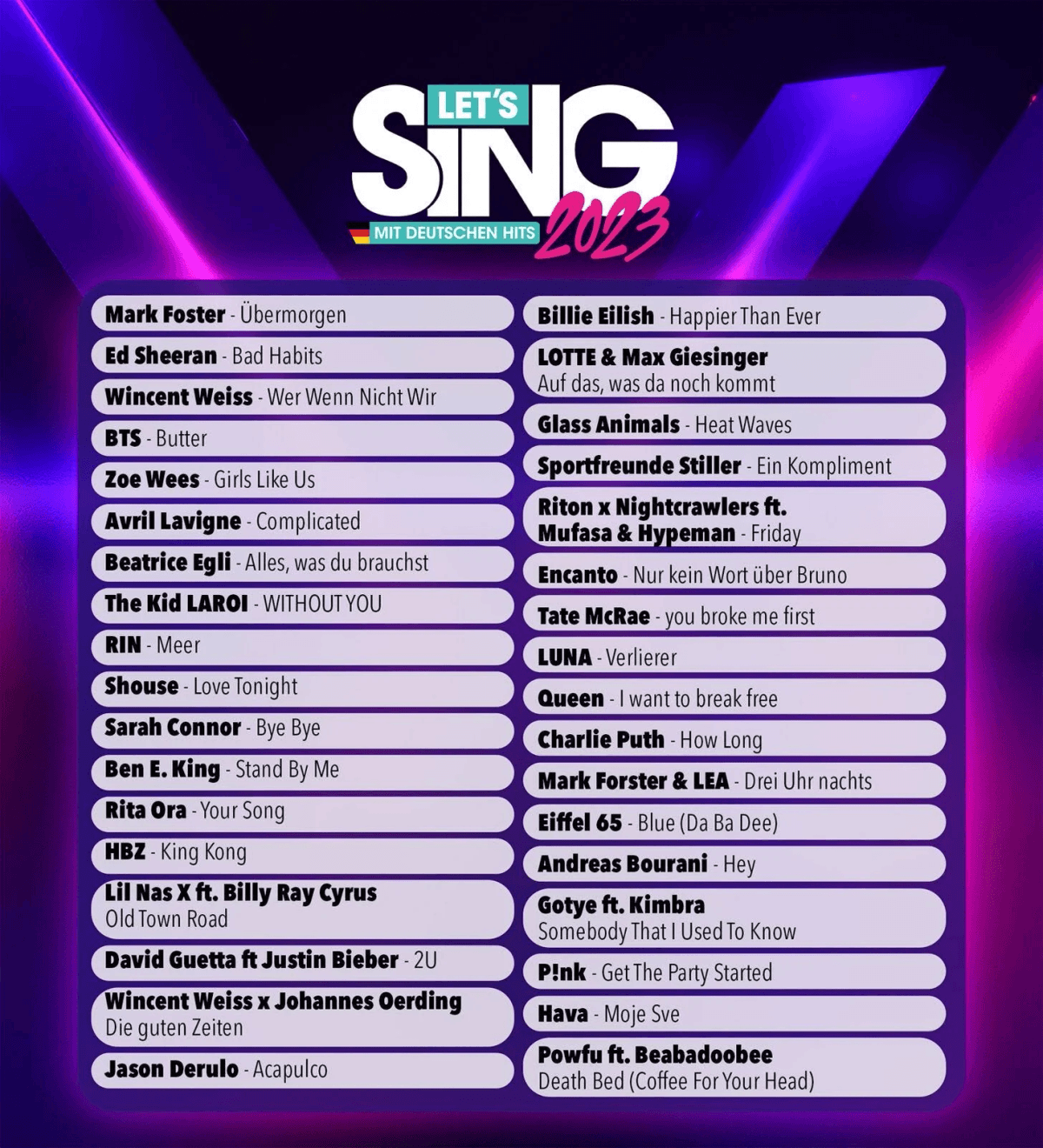 Let's Sing 2023: Liste deutscher und internationaler Hits mit Künstlernamen.