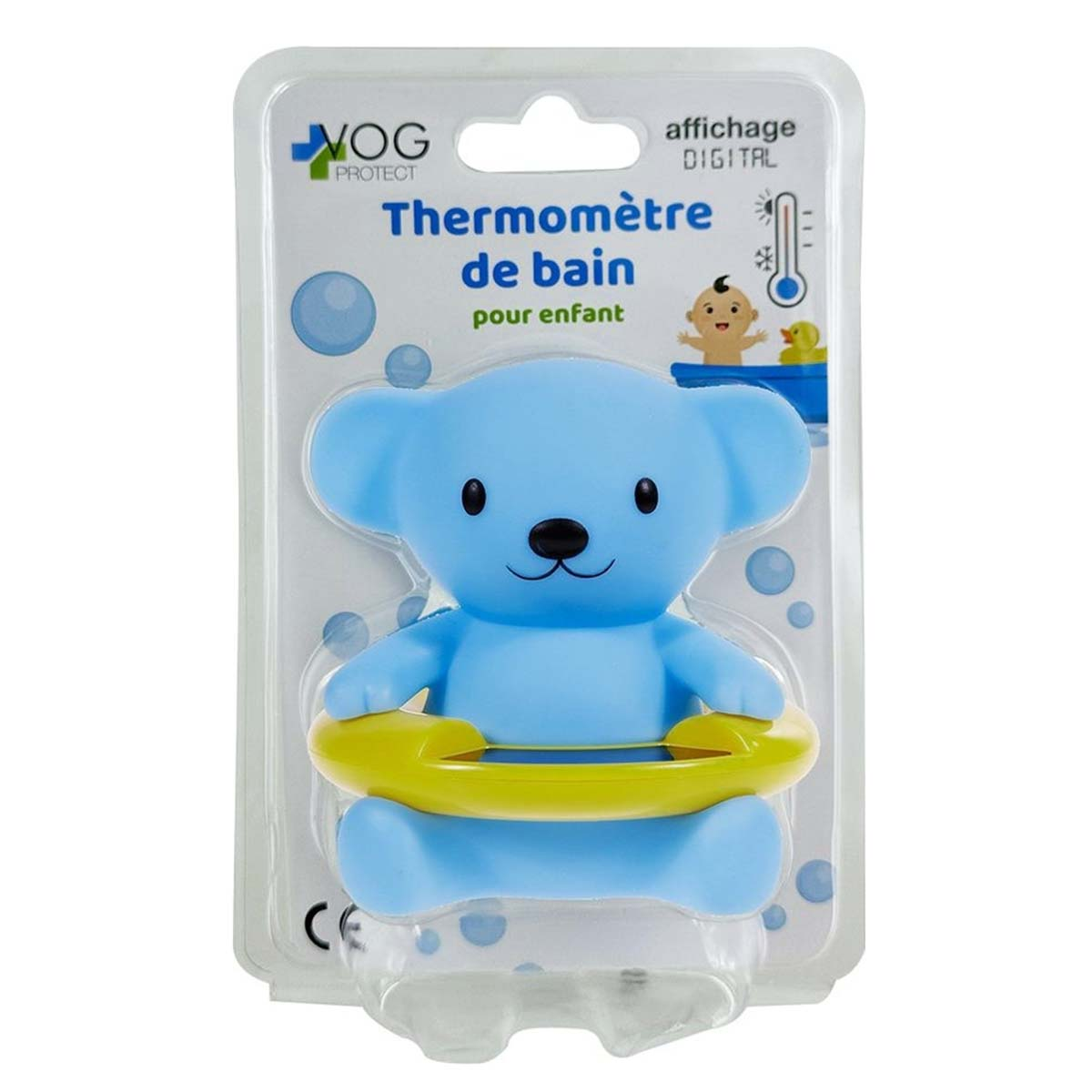Termometro da bagno blu a forma di orso con salvagente giallo.