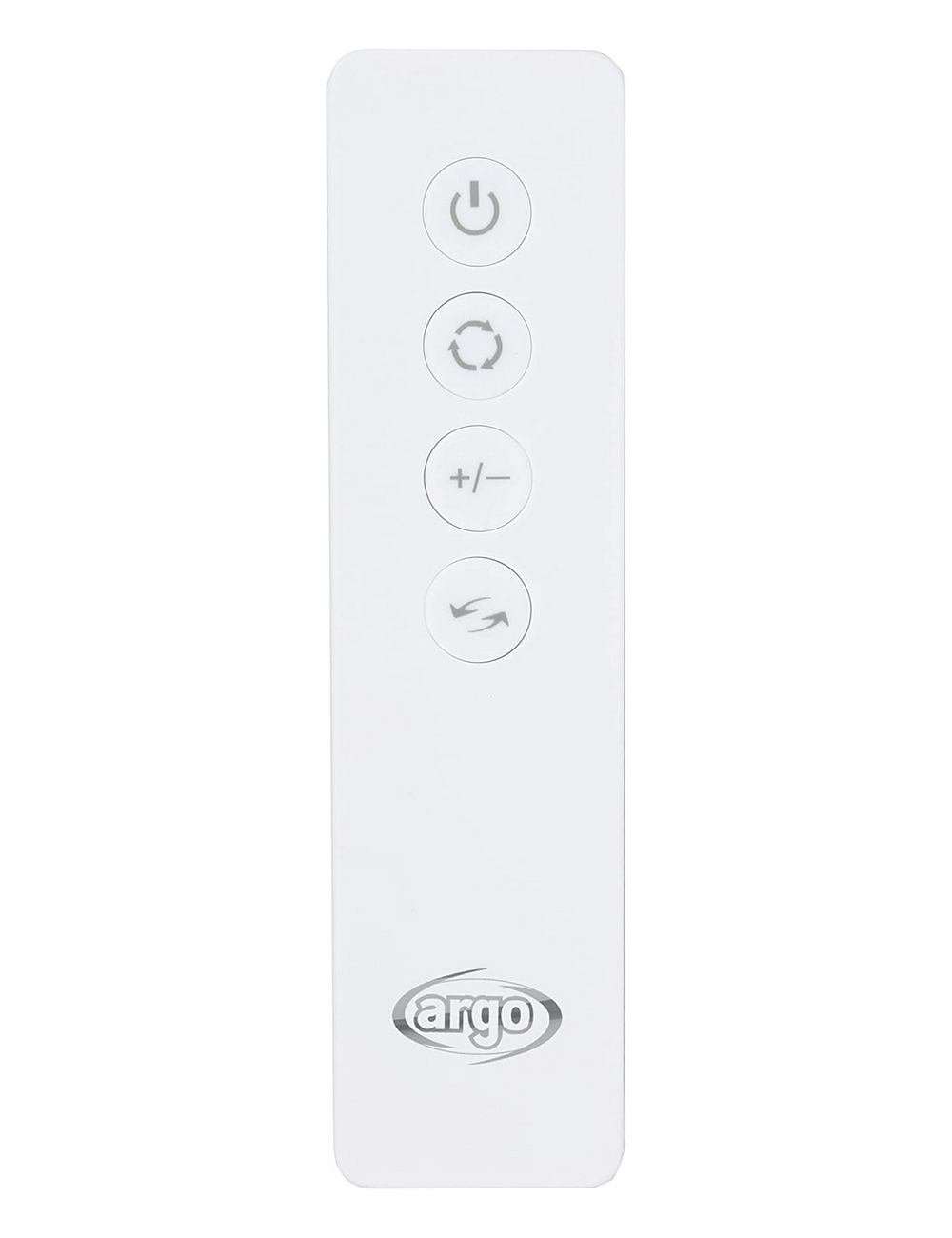 Un manico di telecomando bianco con icone on/off, rotazione, +/- e vento.