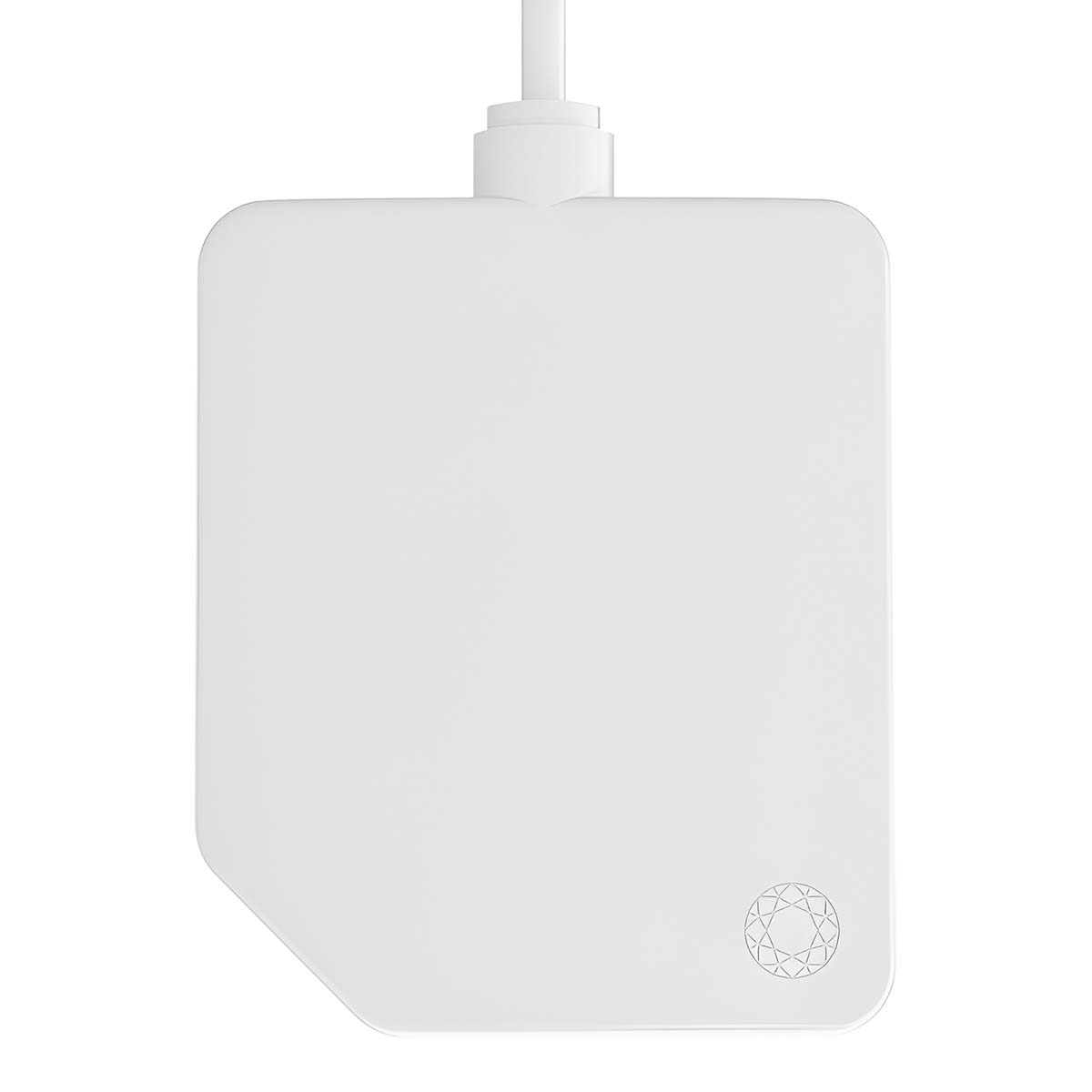 Un dispositivo rettangolare bianco con angoli arrotondati e un logo a forma di diamante stilizzato.