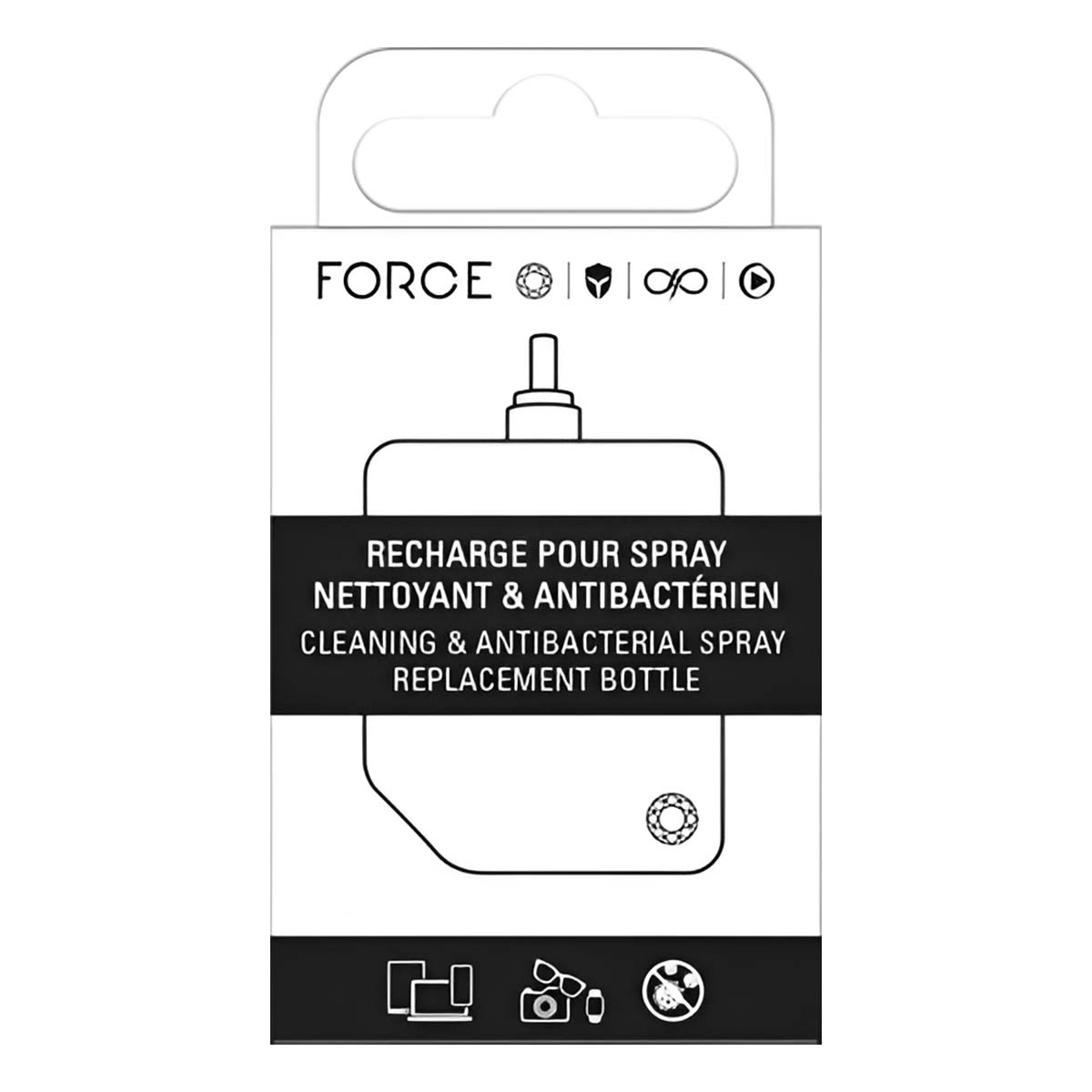 Confezione di bottiglia di ricambio spray pulente e antibatterico Force.
