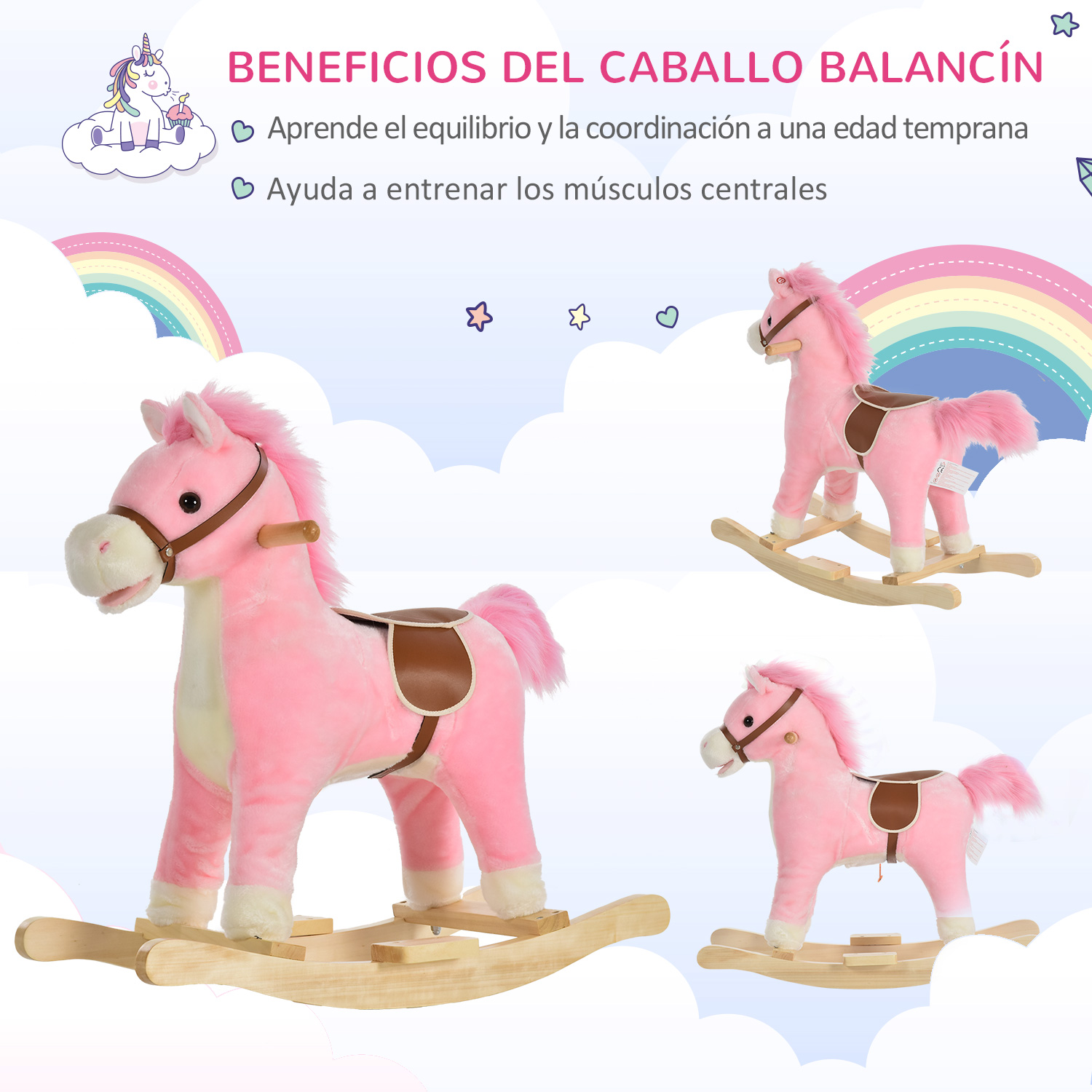 Tres caballos balancín rosas con monturas marrones en balancines.