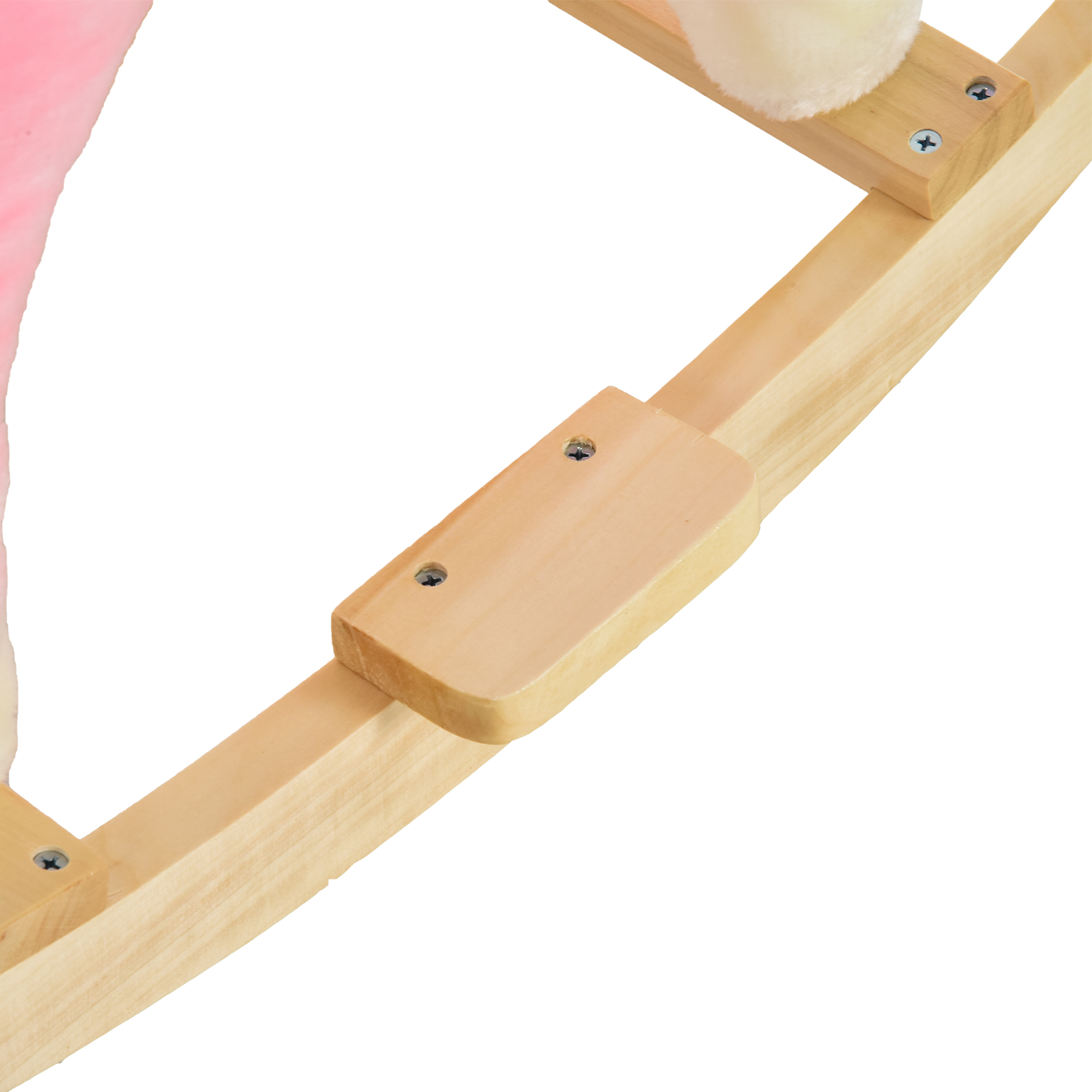Balanza de madera con pelo rosa y blanco, fotografiada desde ángulo bajo, lado derecho.