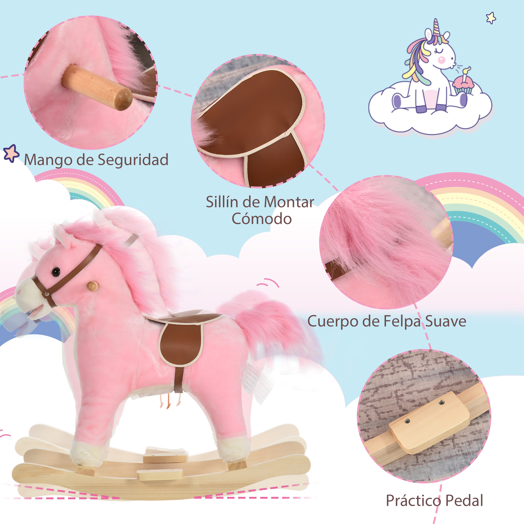 Un caballito de balanceo rosa con montura marrón y base de madera.