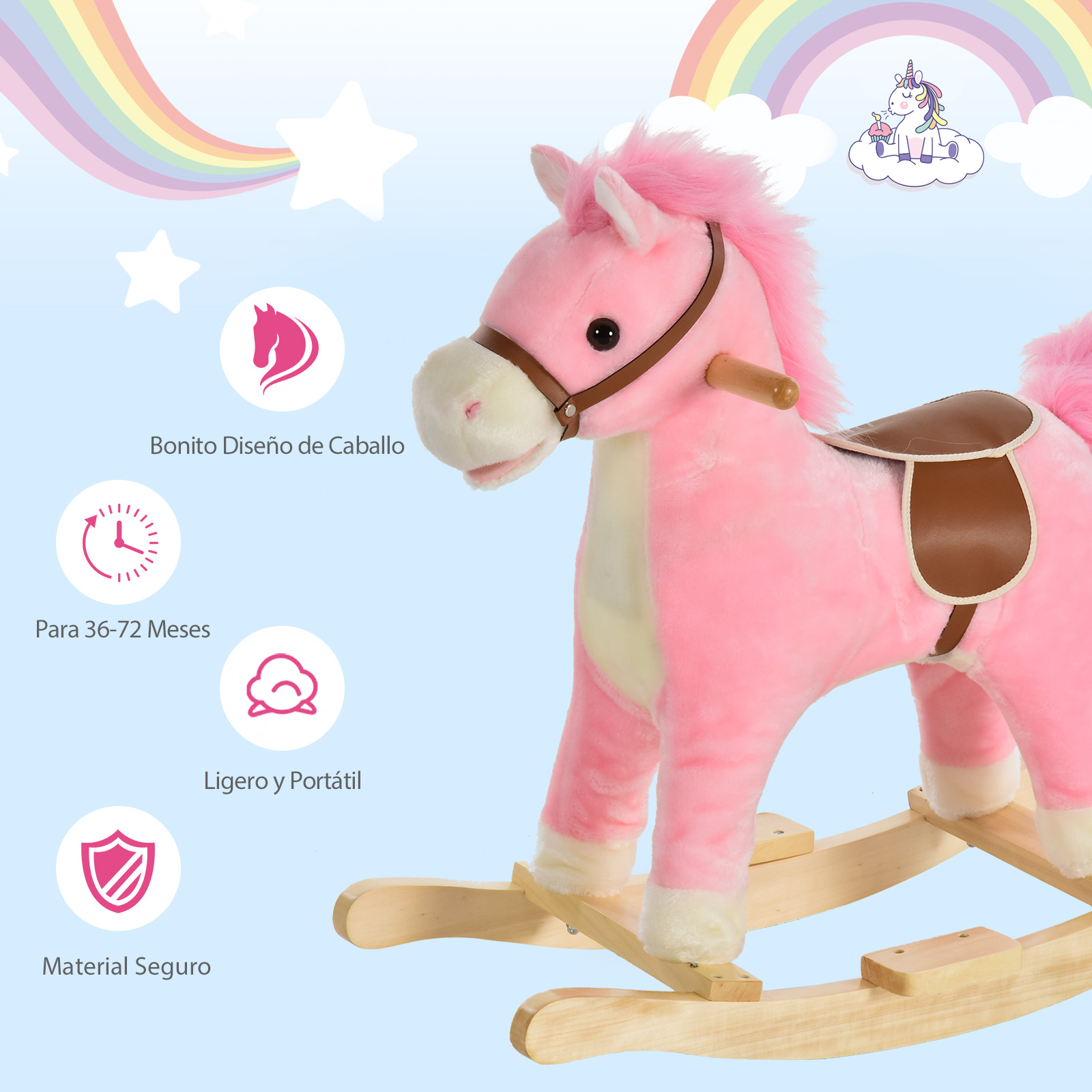 Un caballito balancín de felpa rosa con silla marrón y balancines de madera. Con arcoíris y estrellas.