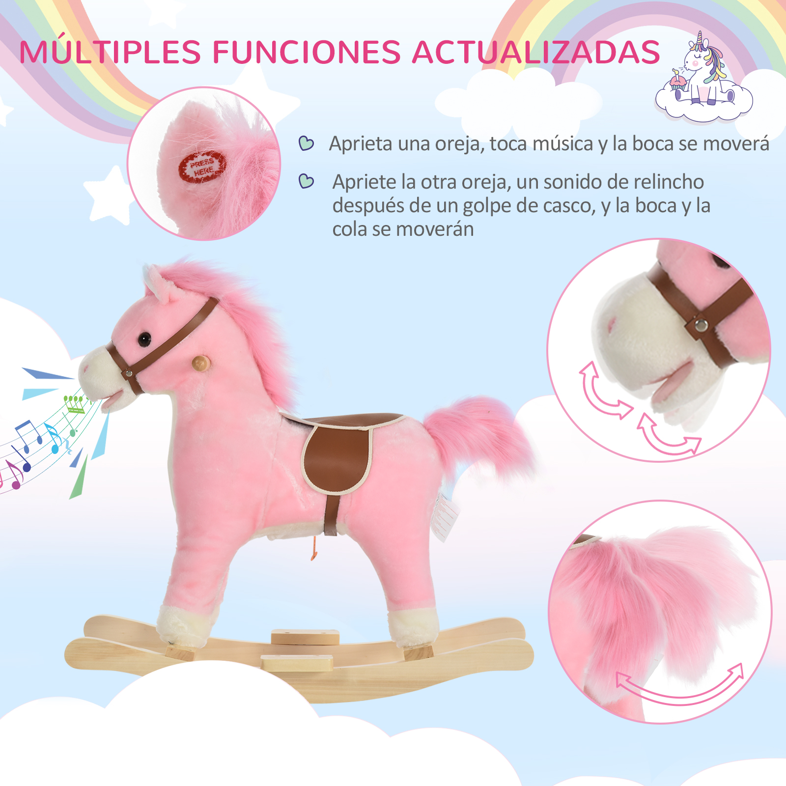 Un caballo balancín rosa con silla de montar marrón y melena.
