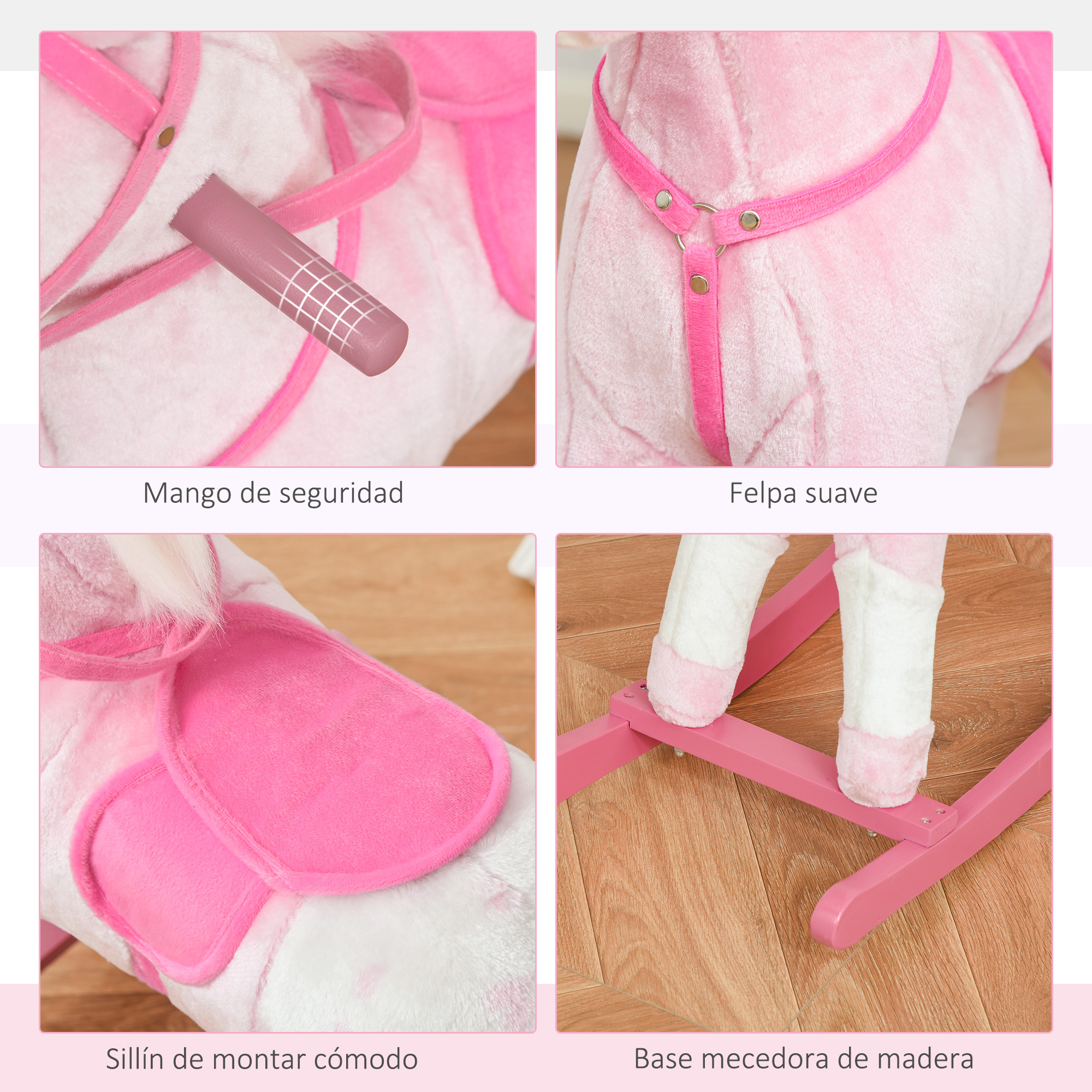 Un unicornio de peluche rosa para mecer, con mango, sillín y base de madera.