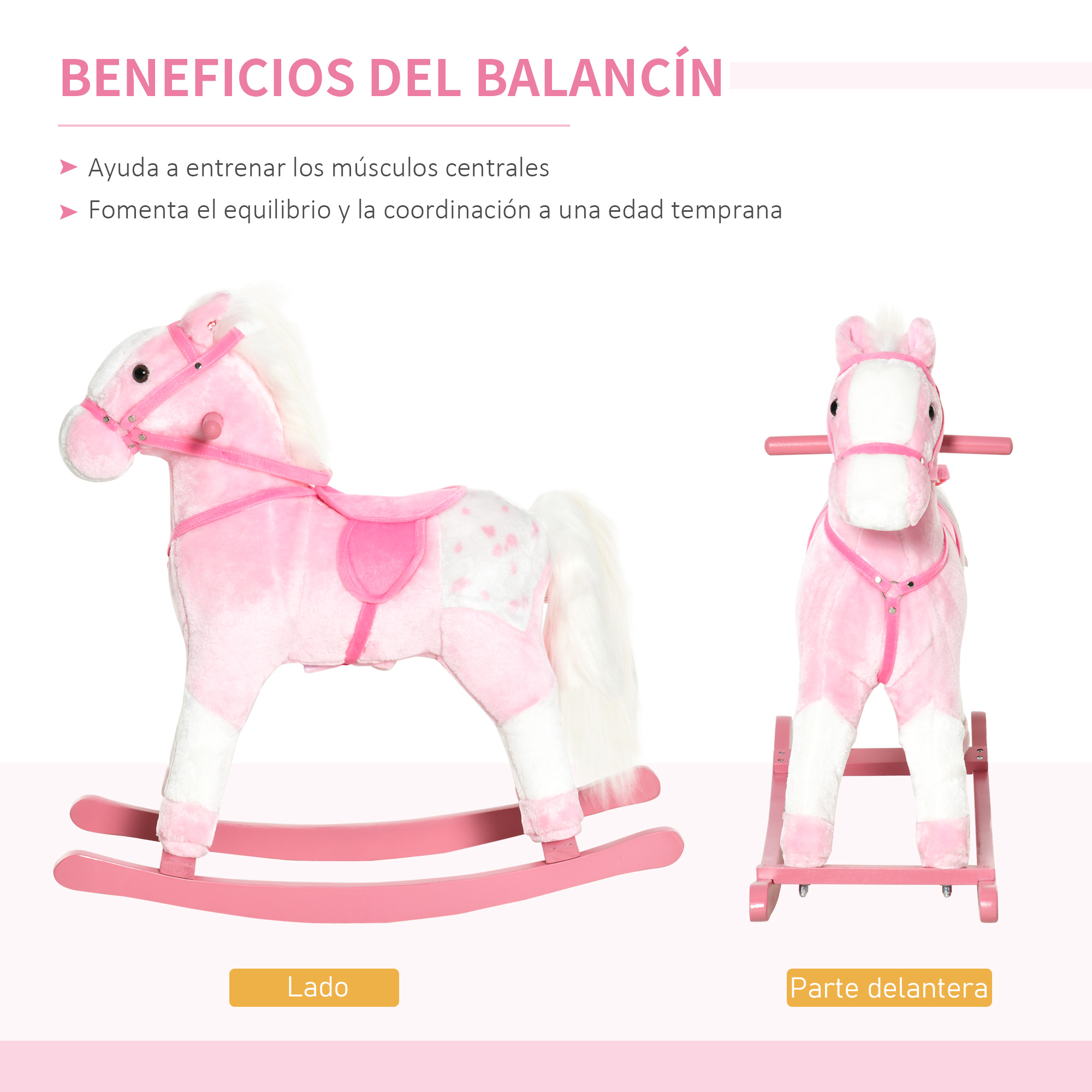 Dos caballos balancín rosas, uno de lado y el otro de frente.