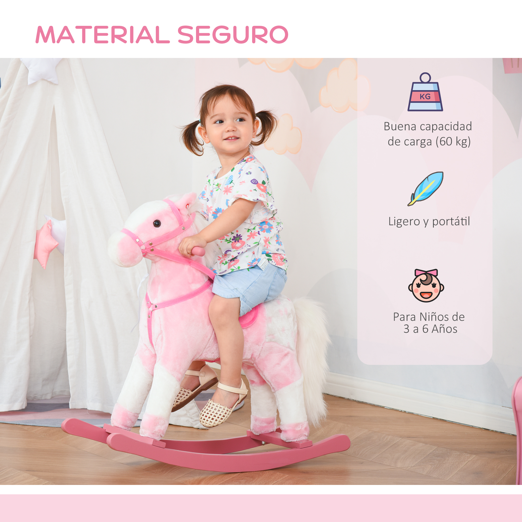 Una niña pequeña monta un caballito balancín rosa en una habitación con tipi.