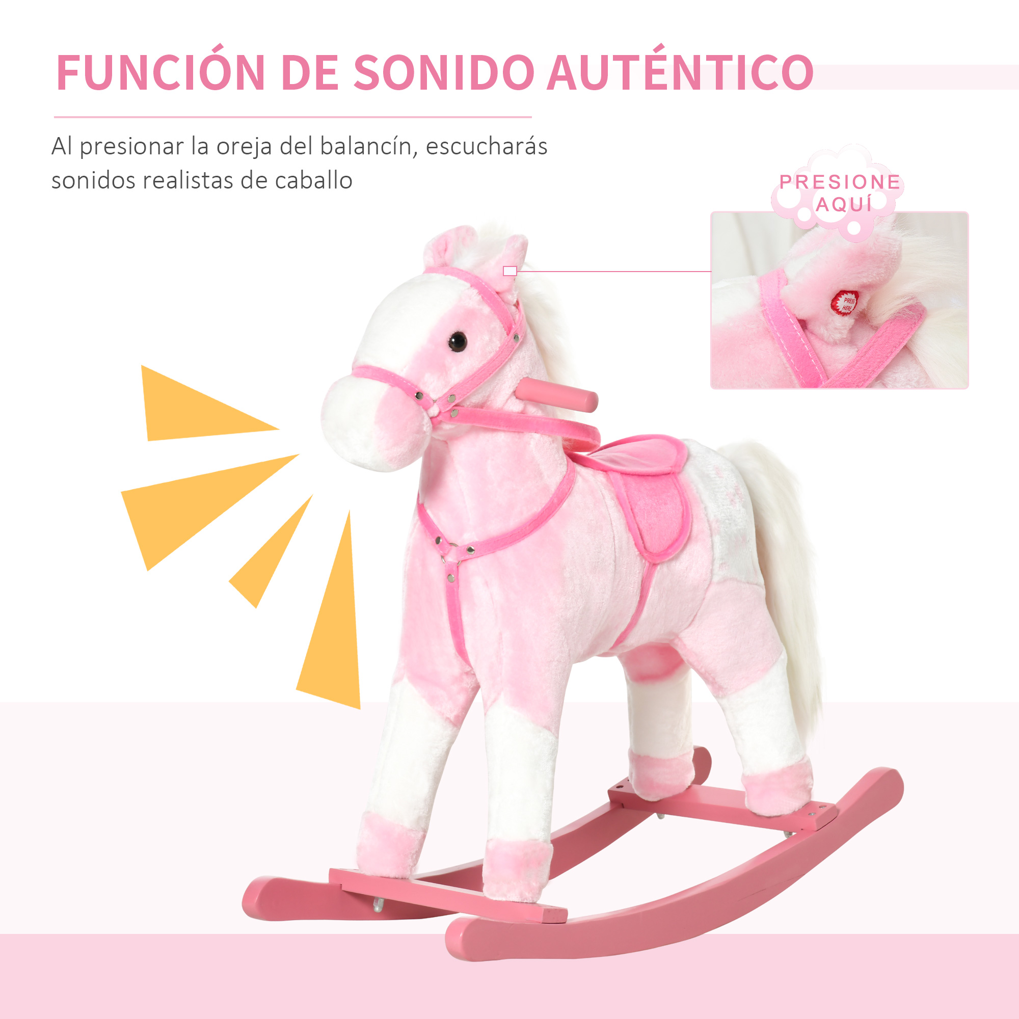 Un caballito balancín rosa y blanco con silla y brida. Acentos amarillos.