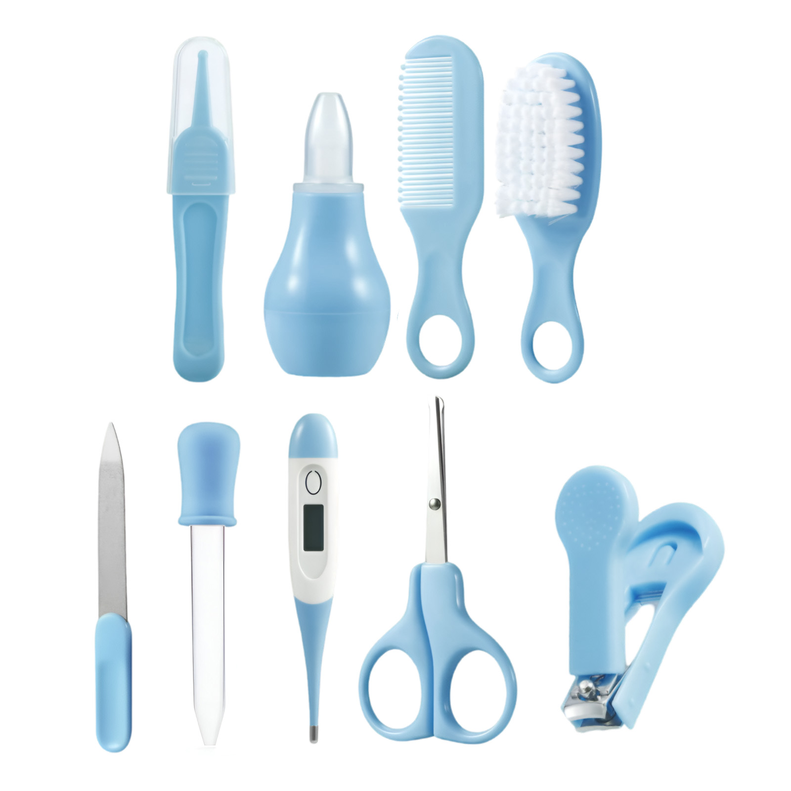 Set per la cura del bambino: aspiratore nasale, pettine, spazzola, termometro, forbici, tagliaunghie.