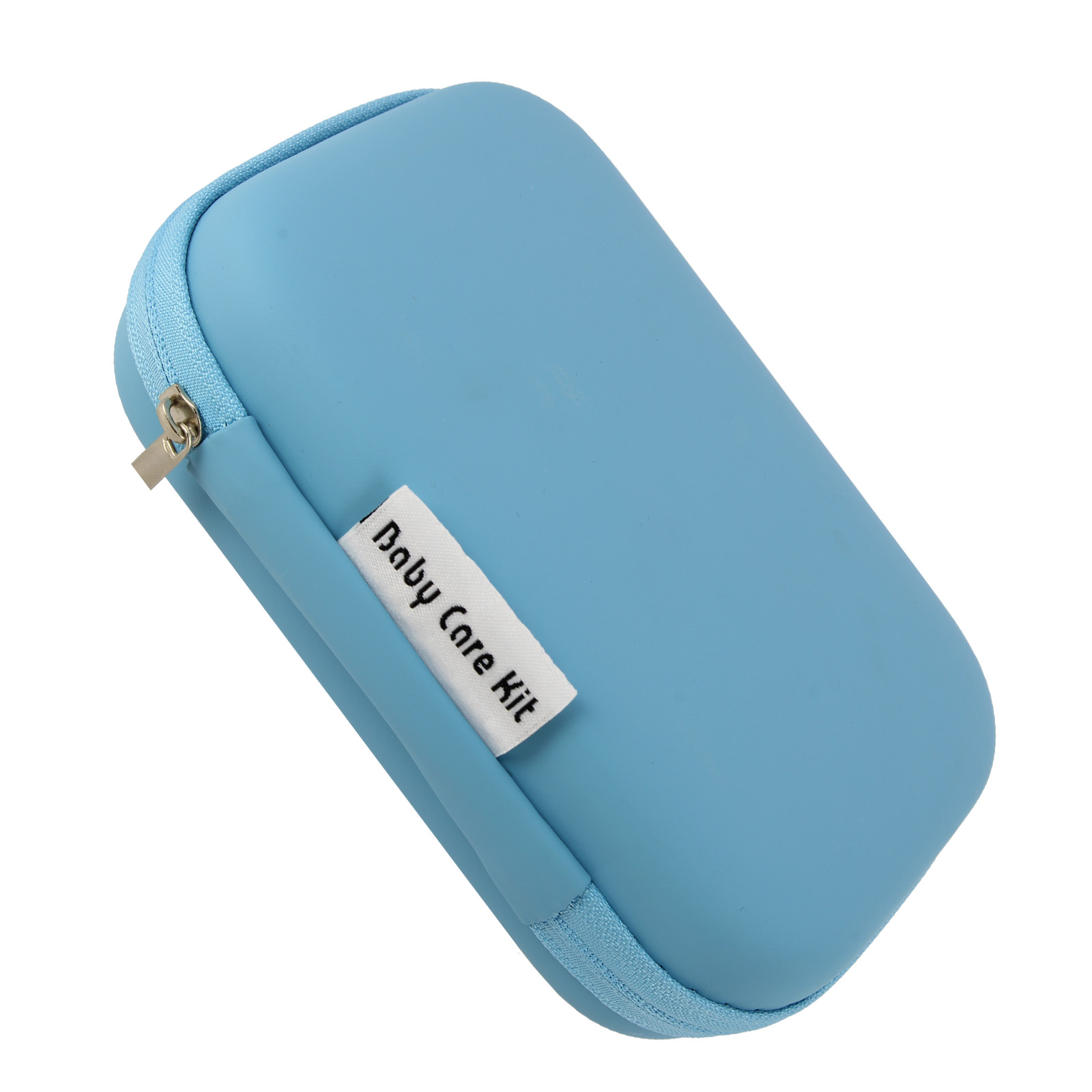Una borsa blu con la scritta Baby Care Kit.