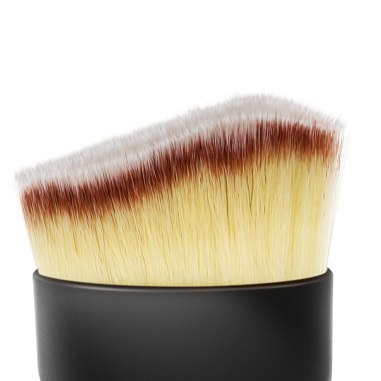 Un pennello da trucco piatto e denso con setole giallo chiaro e punte marroni.