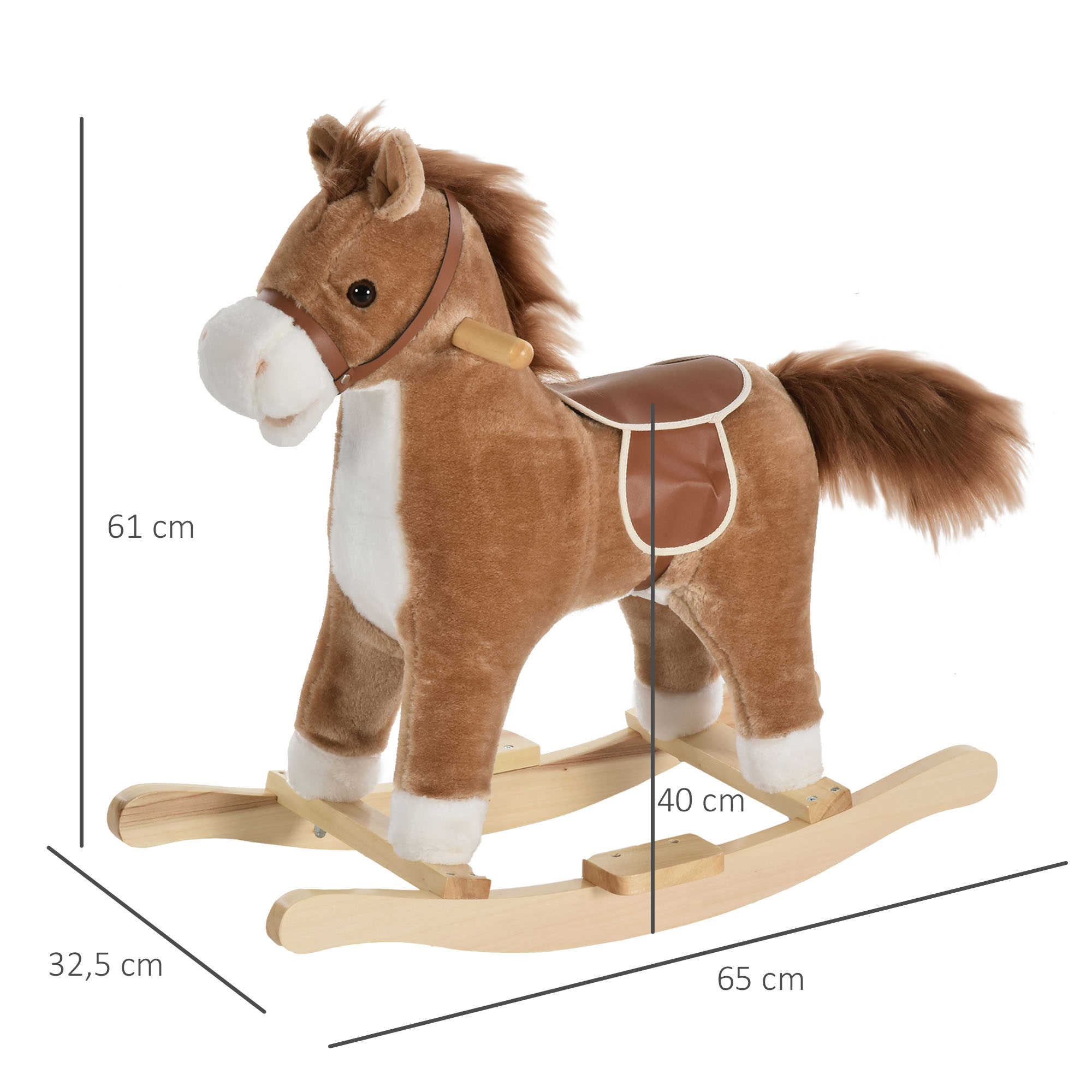 Caballo balancín de felpa marrón con pecho blanco, crin y silla marrones.