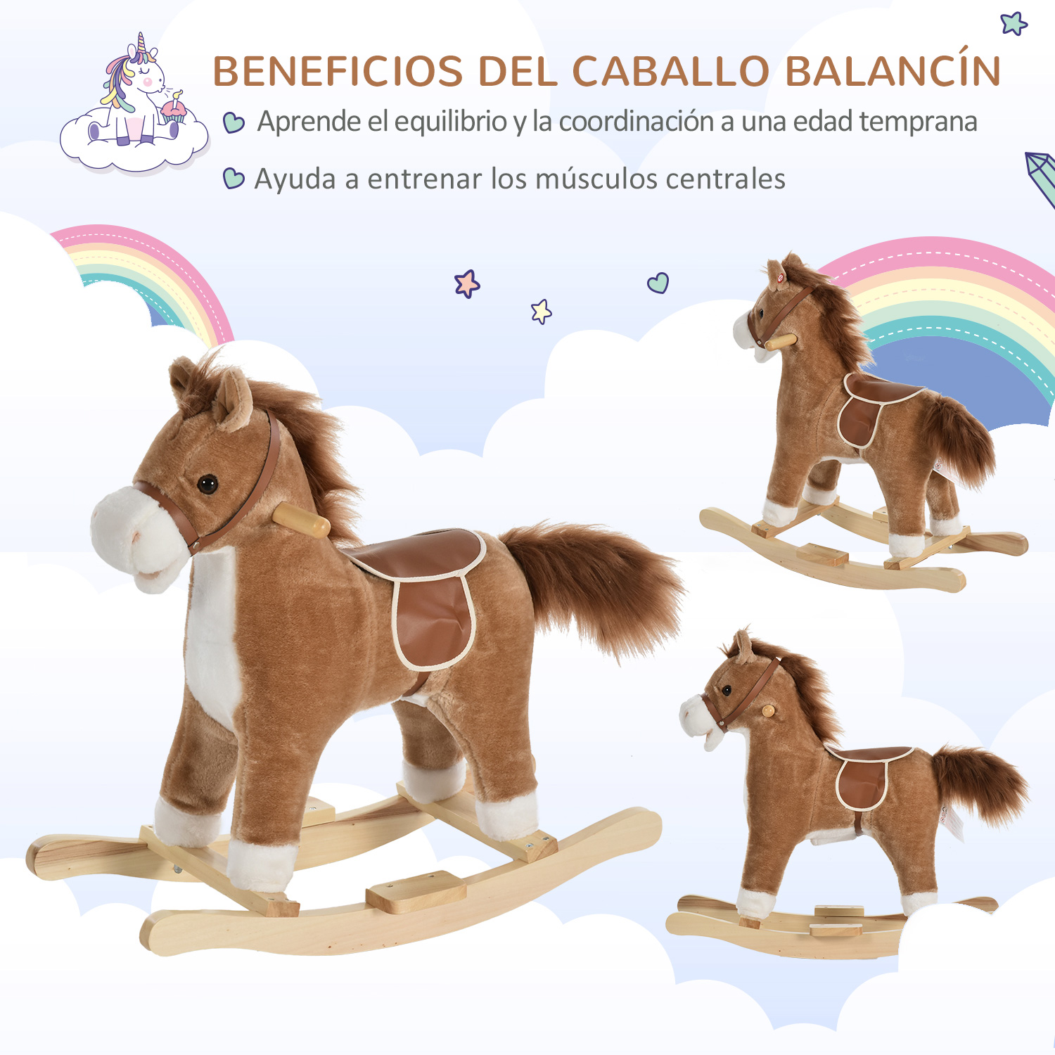 Tres caballos balancín de peluche marrones con bases de madera sobre fondo azul cielo con nubes.
