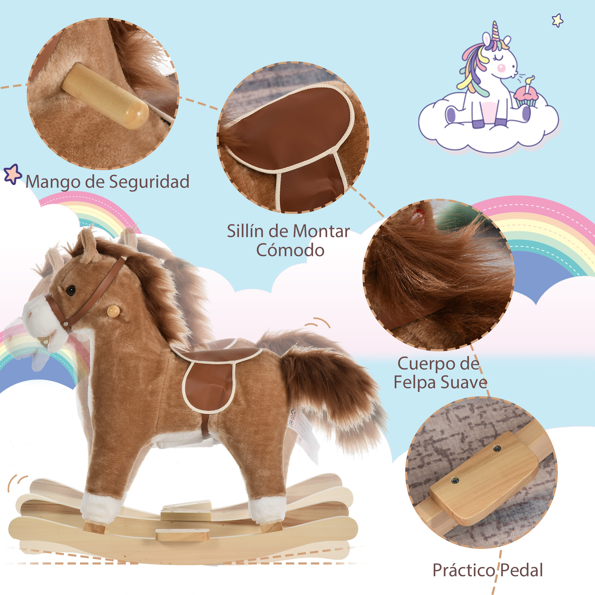 Un caballito de peluche marrón con asas de seguridad, sillín y pedales.