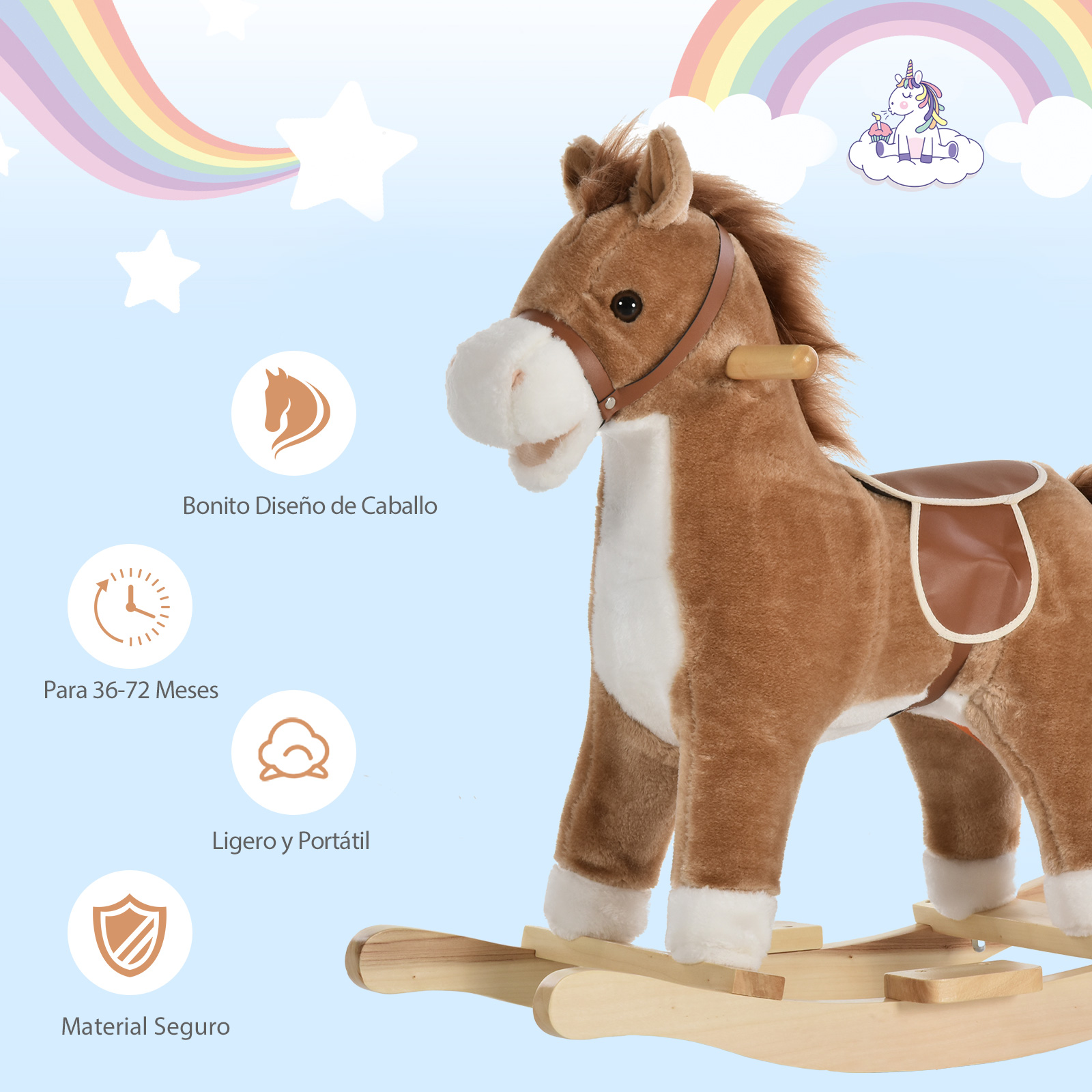 Un caballito de peluche marrón con pelaje blanco y silla marrón sobre balancines.
