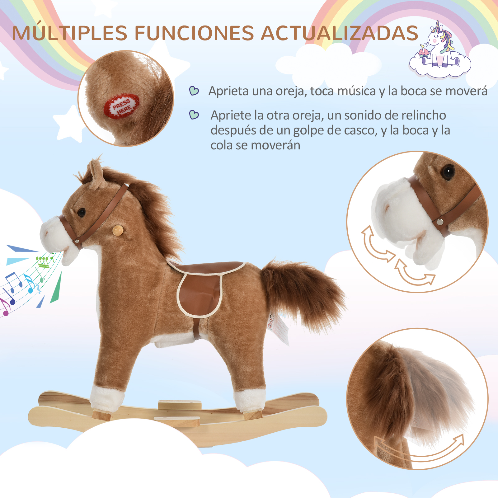 Un caballito balancín marrón con silla de montar marrón toca música y mueve la cabeza.