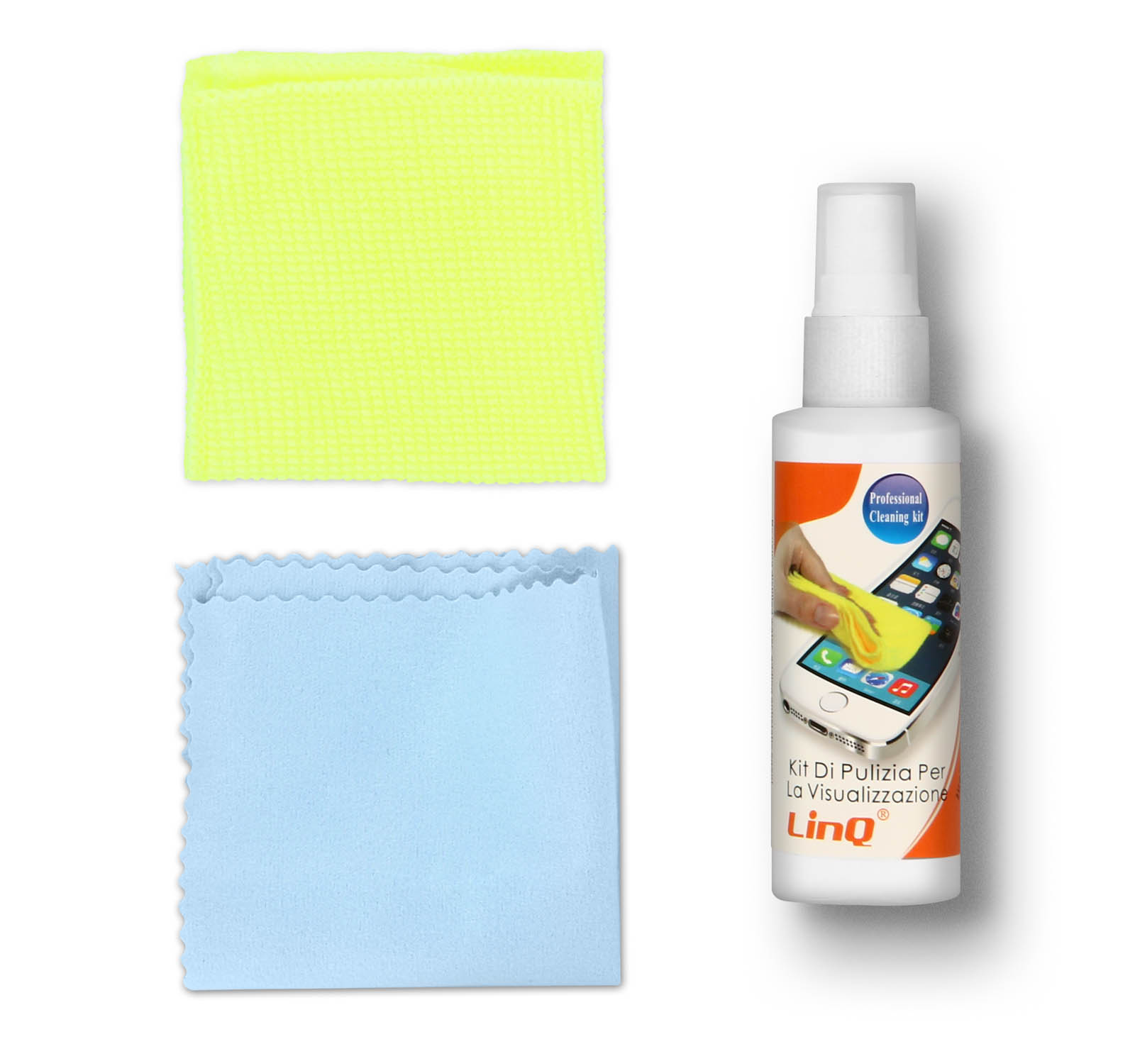 Un panno in microfibra giallo e uno blu accanto a una bottiglia spray.