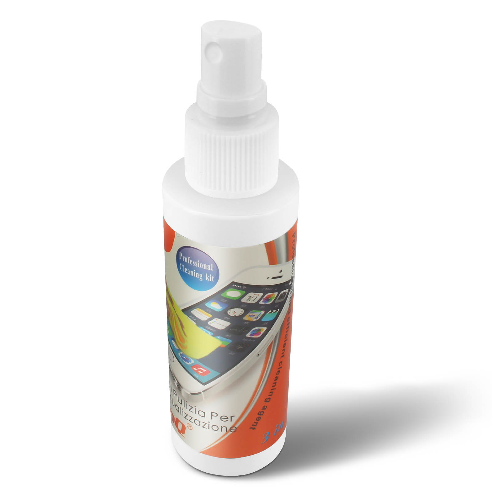 Flacone spray bianco con etichetta raffigurante uno smartphone con app.