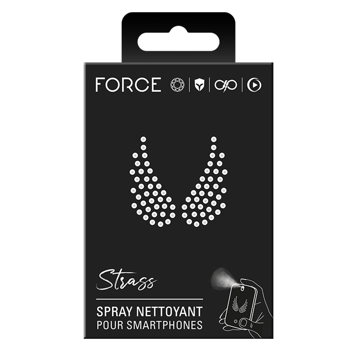Confezione nera con logo FORCE, disegno ad ali di strass e illustrazione spray pulisci smartphone.