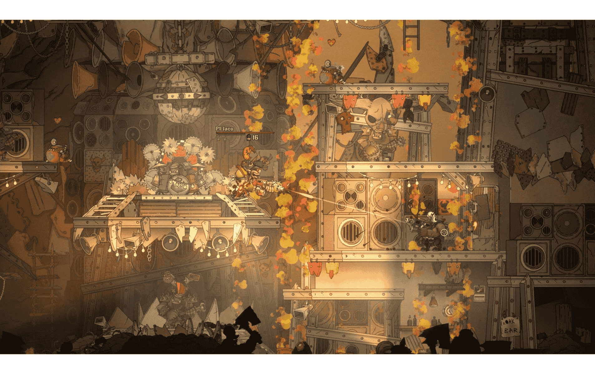 Una surreale scena ispirata allo steampunk con personaggi che combattono sulle piattaforme.