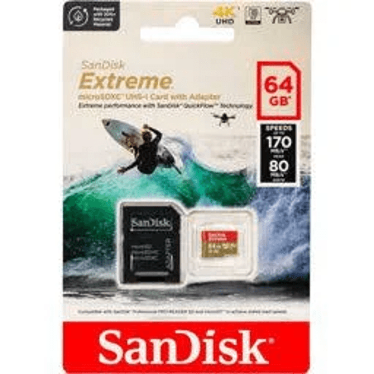 Scheda SanDisk Extreme 64GB microSDXC con adattatore, grafica onda surf.