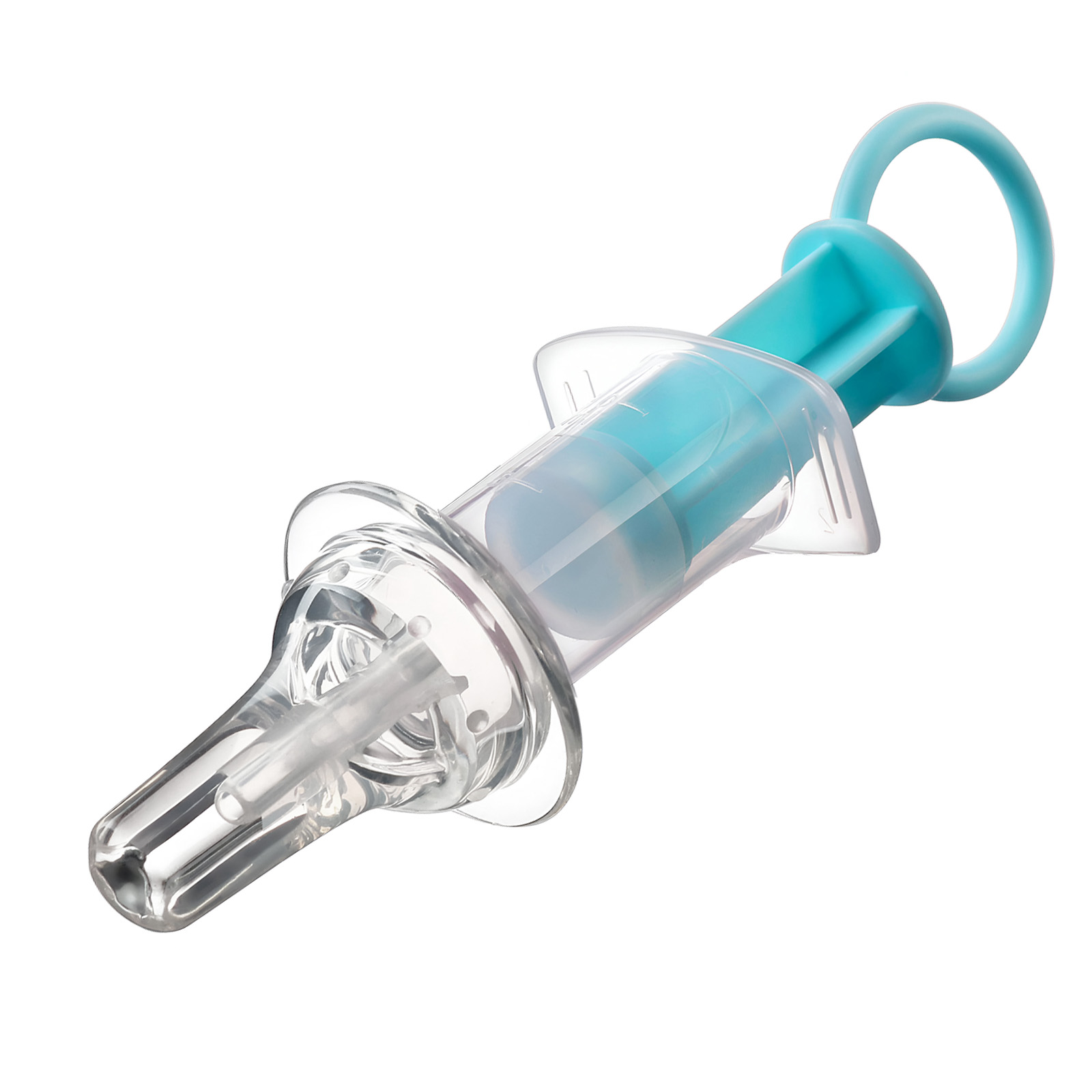 Un aspiratore nasale/dispenser di sciroppo blu e trasparente con manico ad anello.