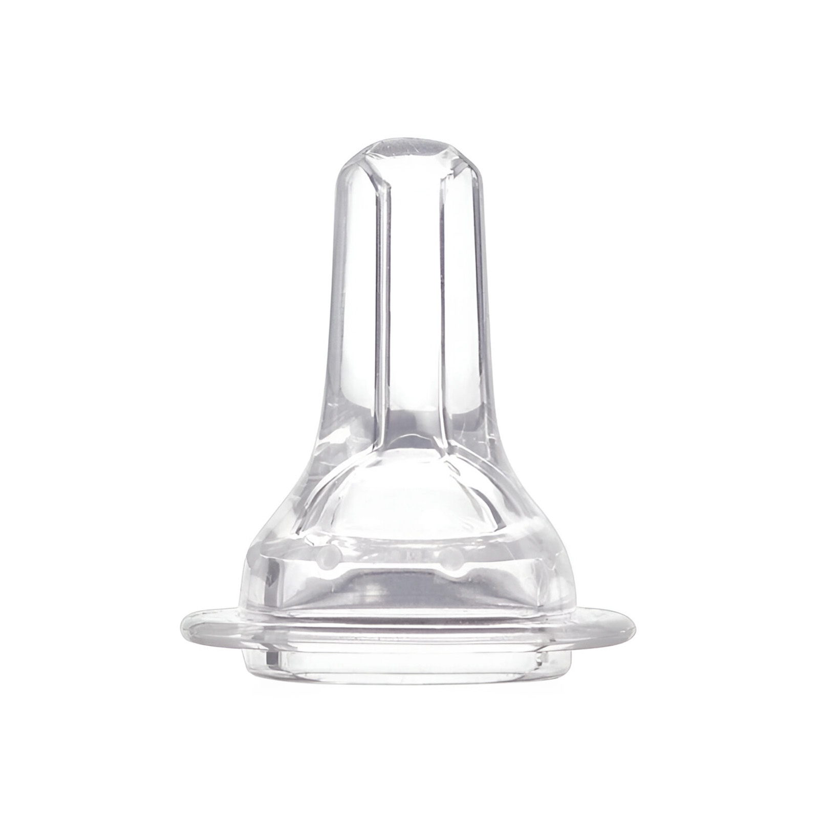 Un tettuccio per biberon in silicone trasparente con base larga e punta stretta e allungata.