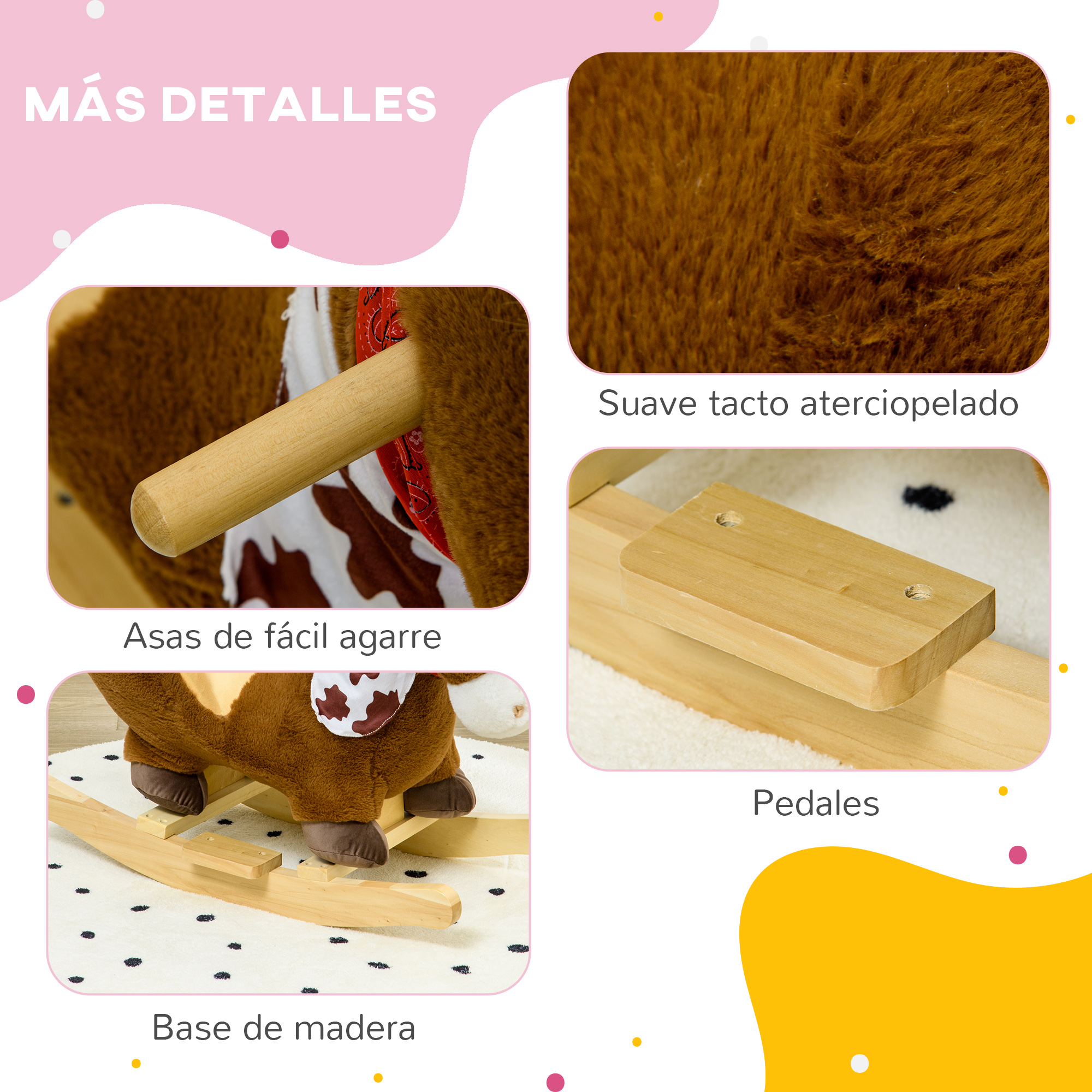 Peluche marrón sobre base de balancín de madera con asas y pedales.