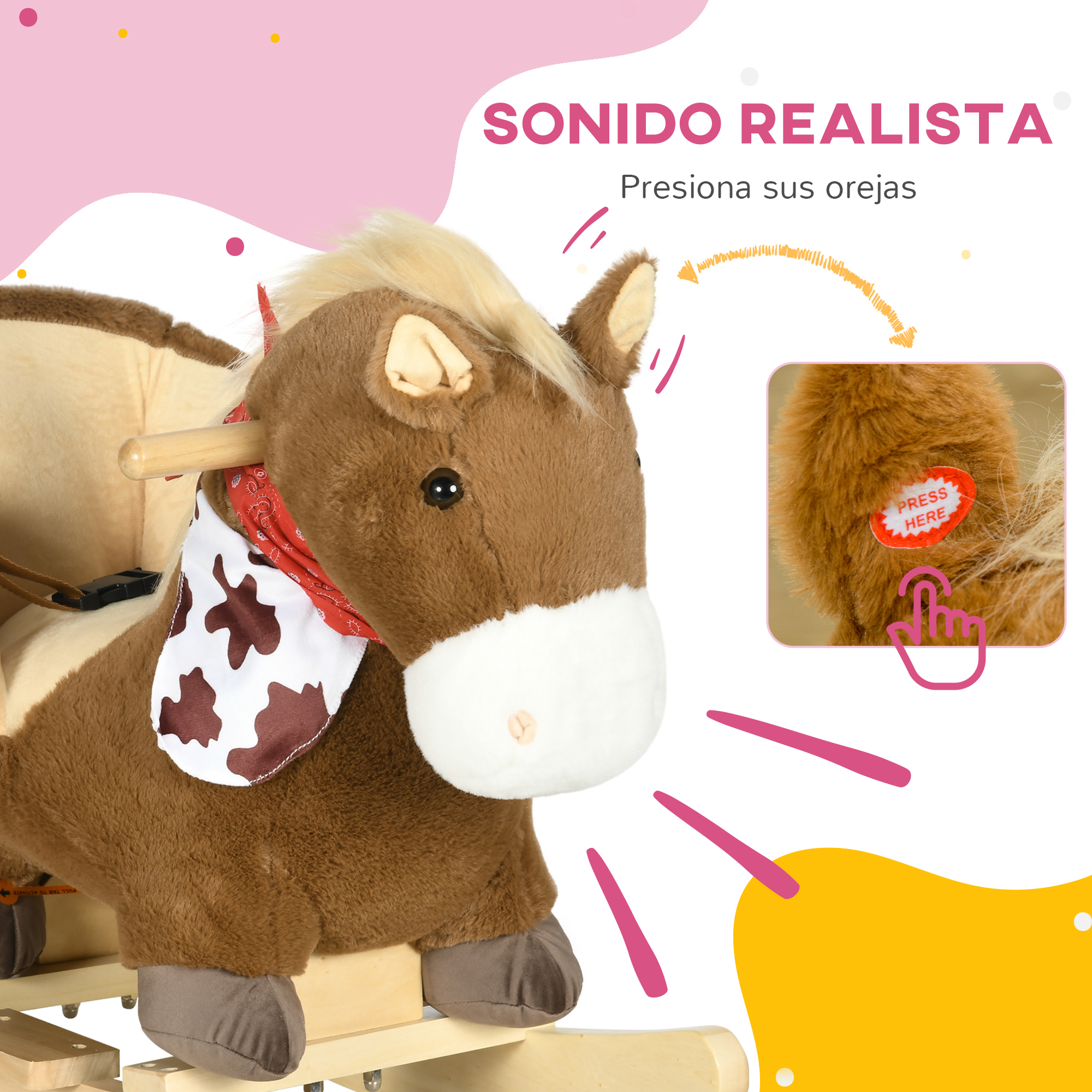Un caballo balancín de peluche marrón con hocico blanco y pañuelo rojo.