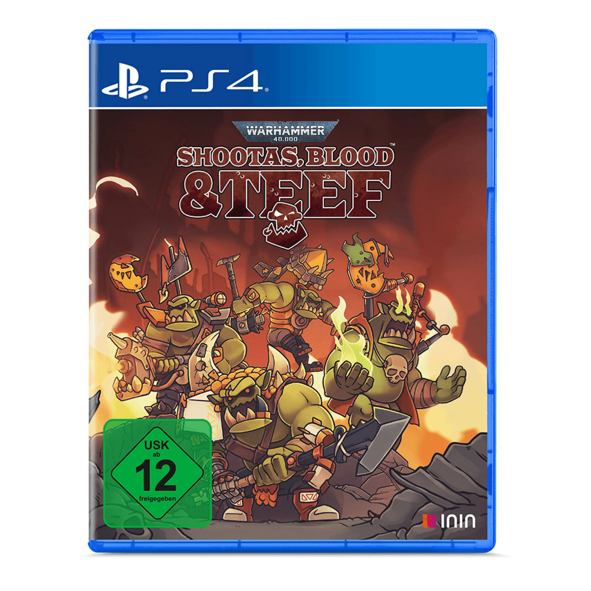 Copertina gioco PS4 con orchi cartoni animati che brandiscono armi. Rating USK ab 12.
