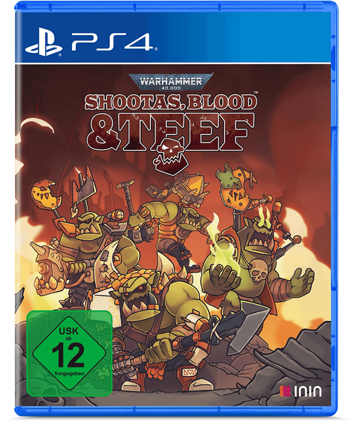 Copertina gioco PS4 con orchi Warhammer 40.000 e il titolo 'Shootas, Blood & Teef'.