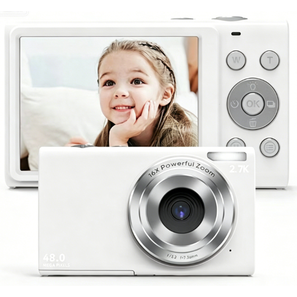 Eine weiße Digitalkamera mit 16-fachem Zoom und 48 MP zeigt ein lächelndes Mädchen.
