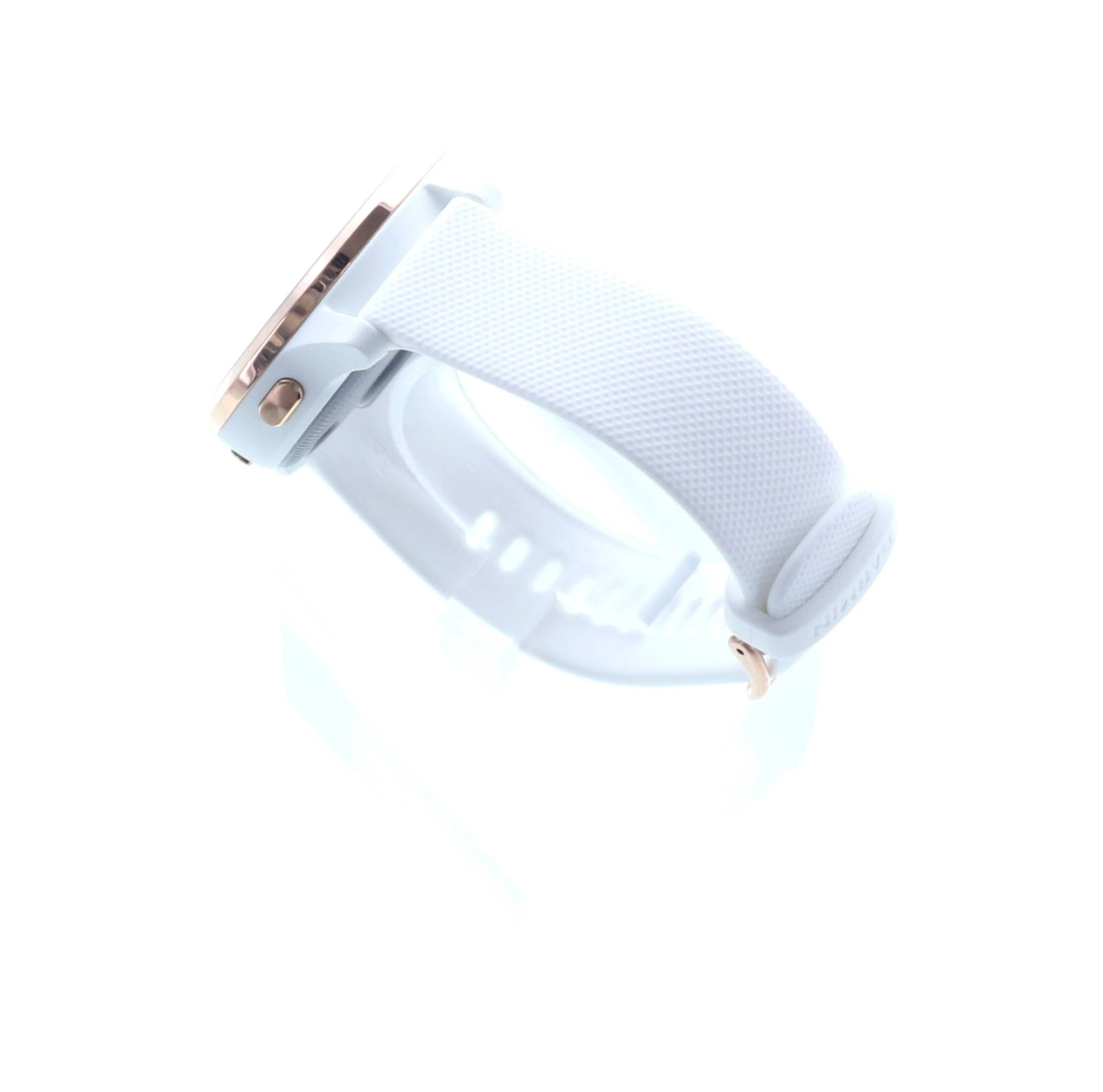 Weiße Smartwatch mit Roségolddetails, Nahaufnahme.