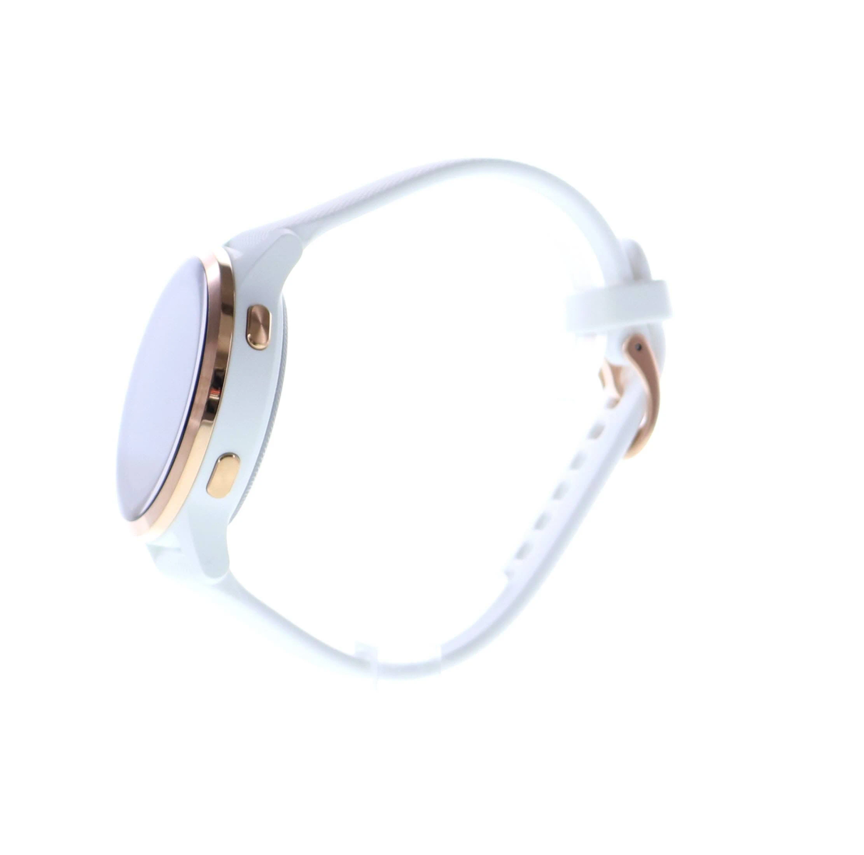 Weiße Smartwatch mit roségoldenem Rand und Armband auf weißem Hintergrund.