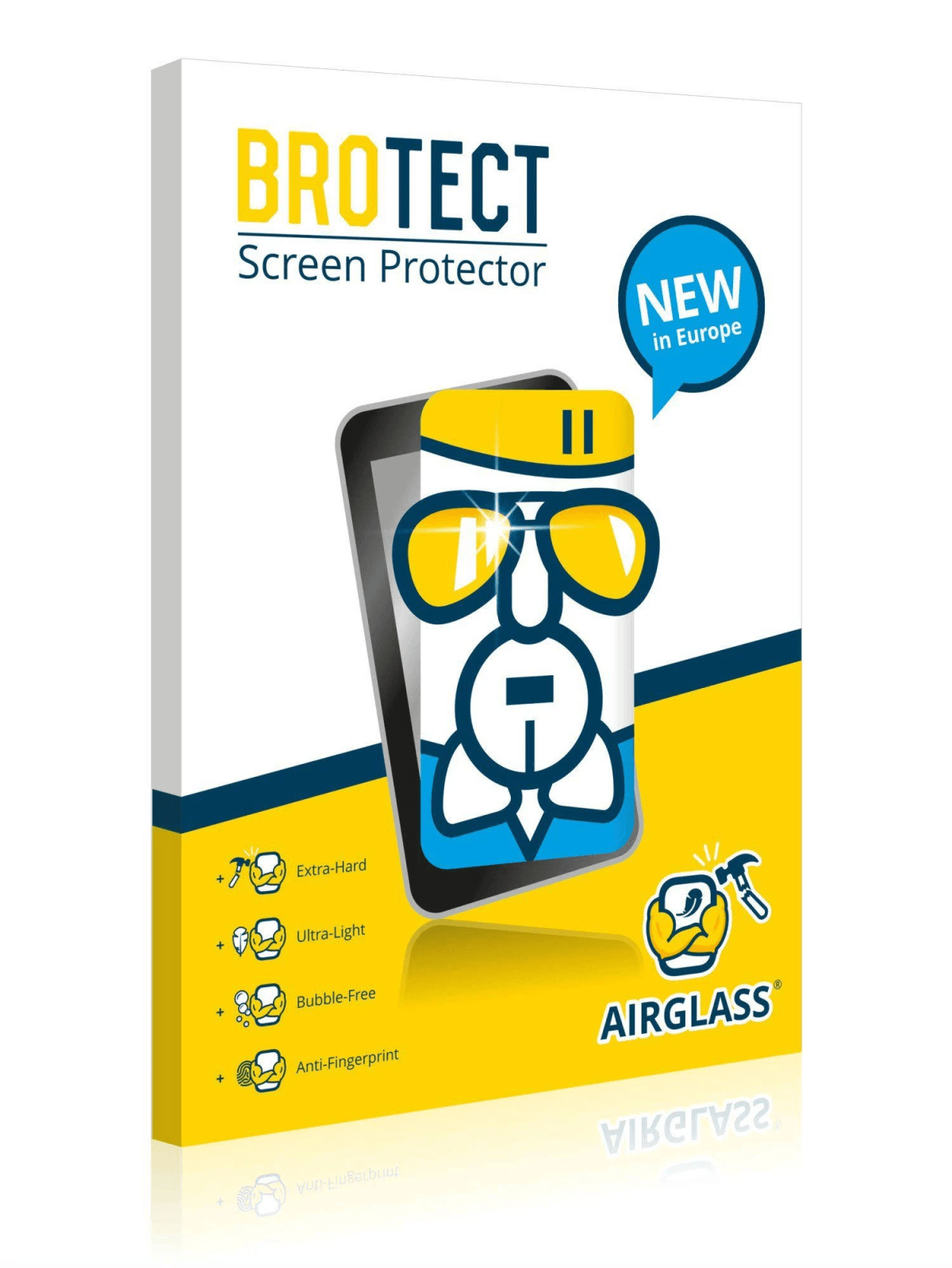 Verpackung für BROTECT Displayschutzfolie mit Comic-Figur und Produktmerkmalen.