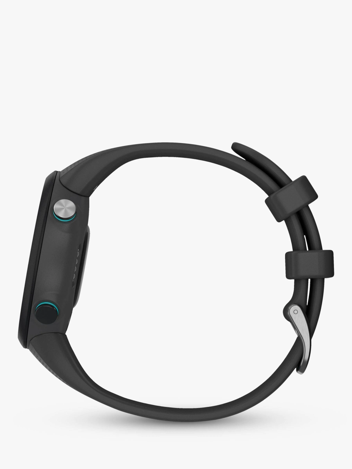Dunkelgraue Smartwatch mit schwarzem Armband und Metallschließe.